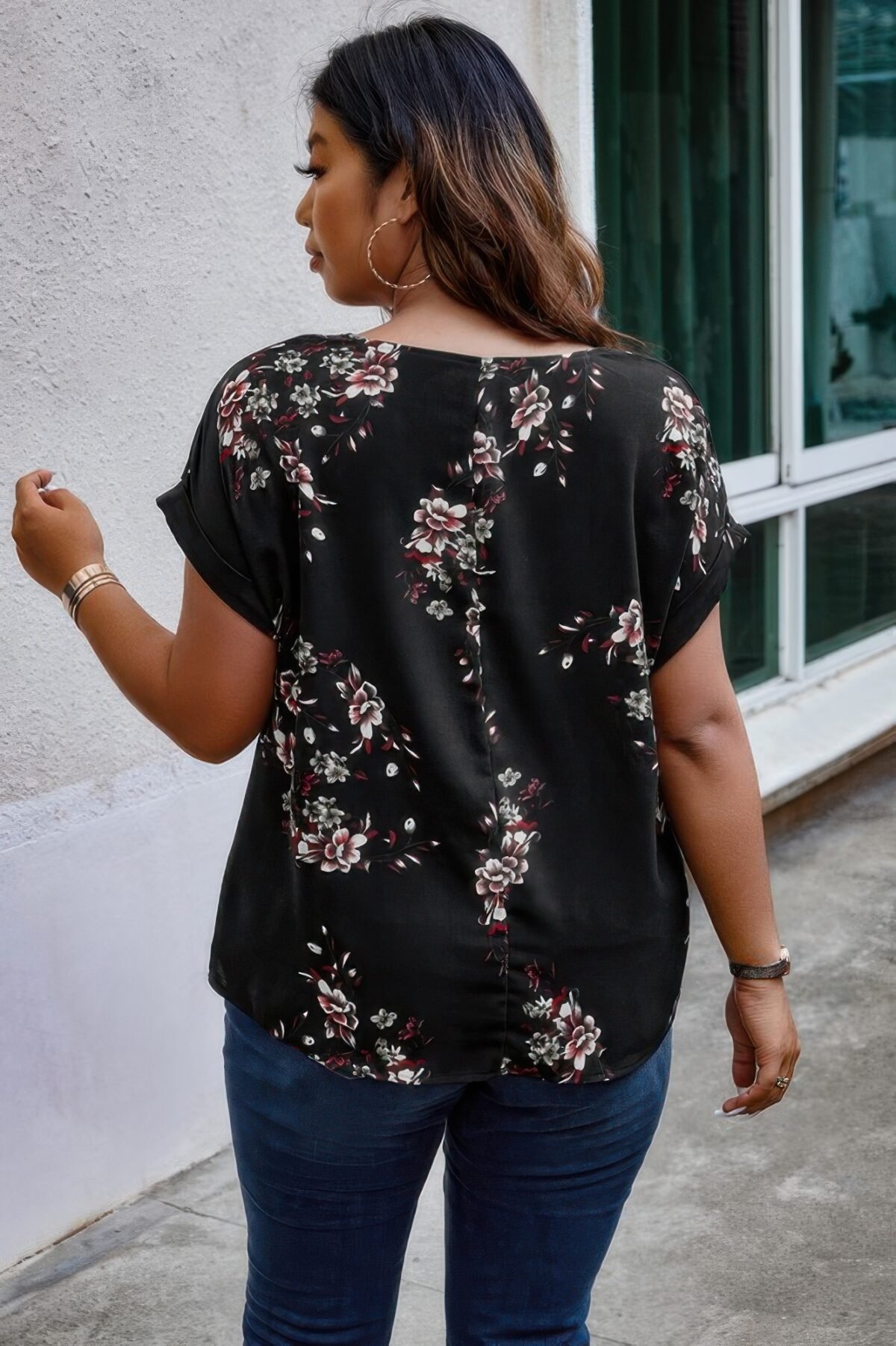 Plus Size Floral Print V Neck Loose Blouse - Image 6