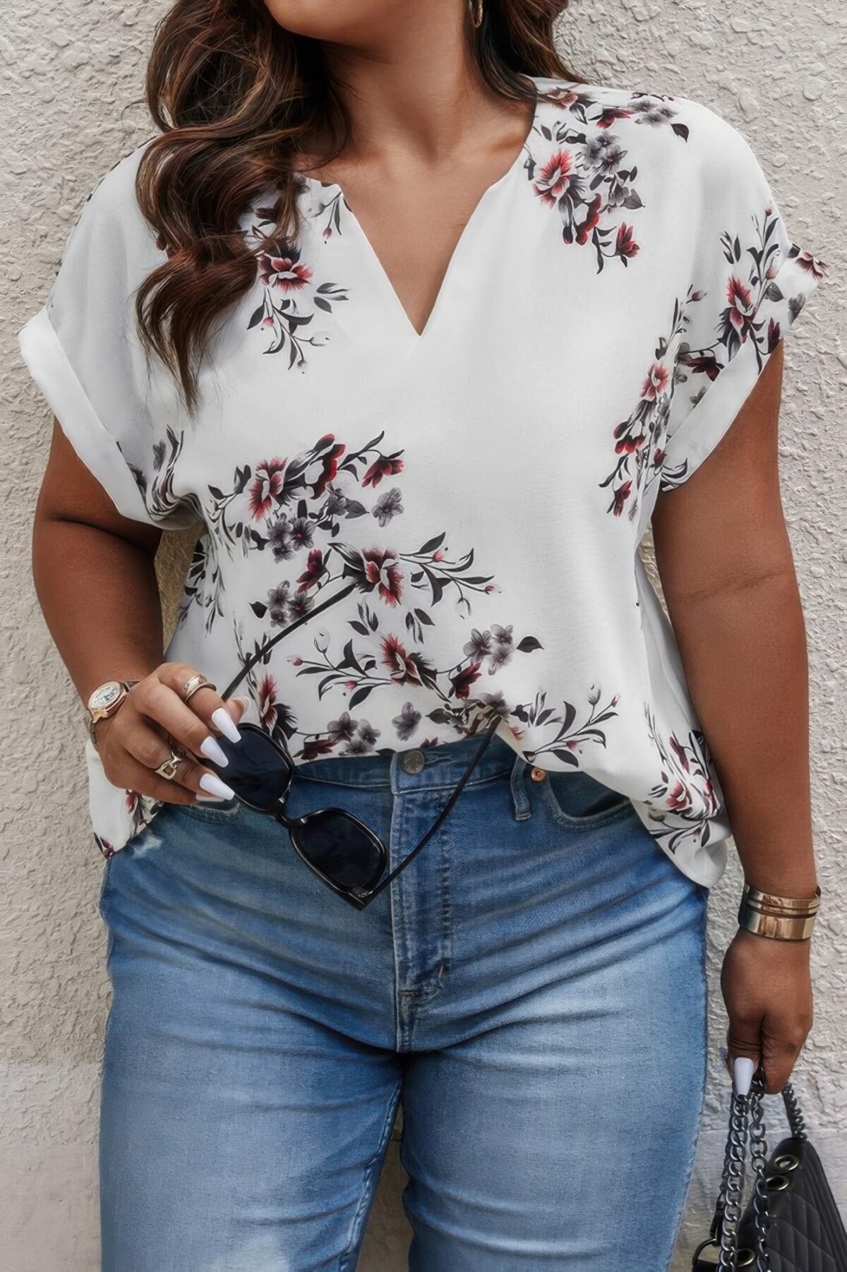 Plus Size Floral Print V Neck Loose Blouse - Image 7