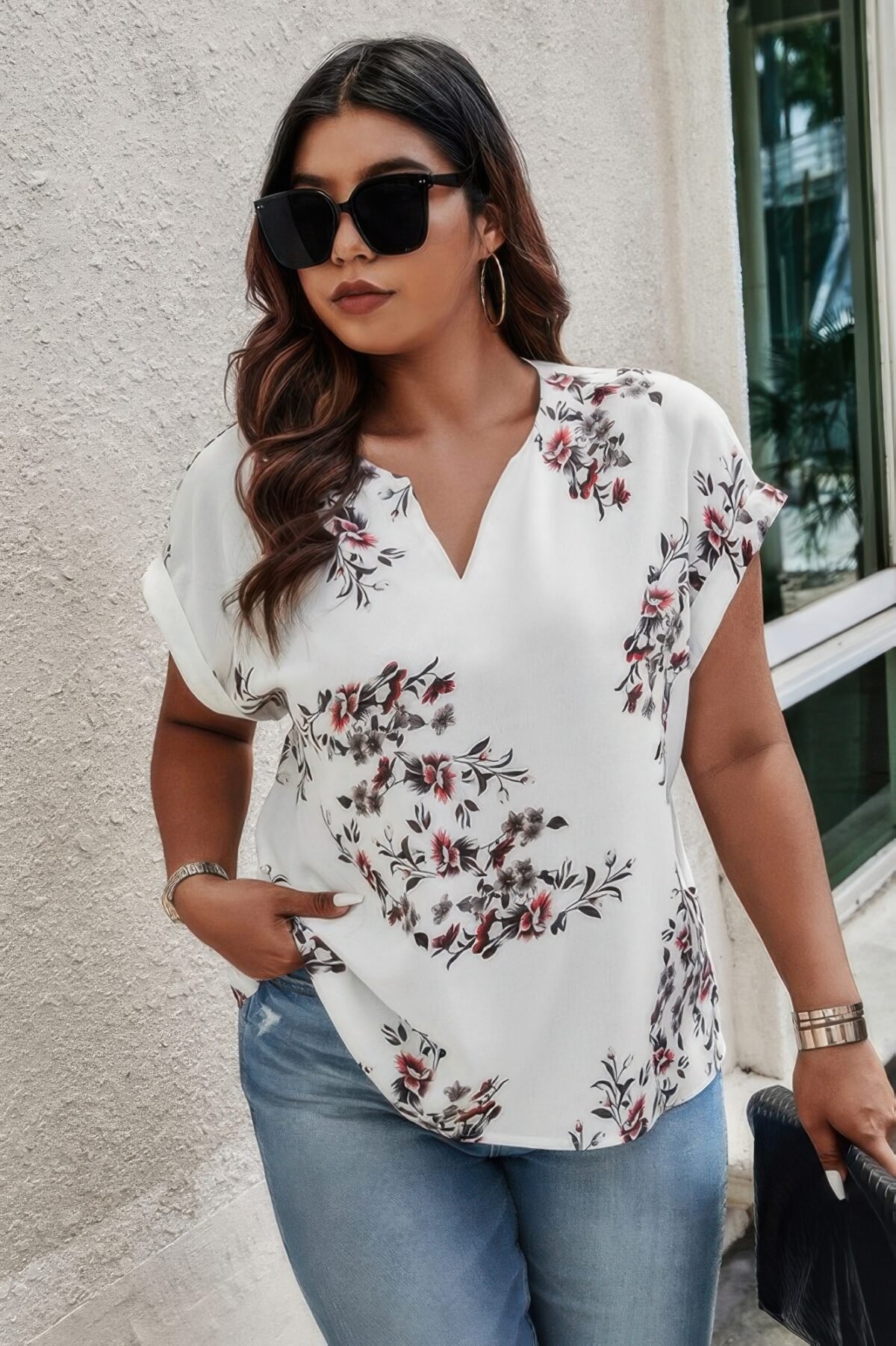 Plus Size Floral Print V Neck Loose Blouse - Image 9