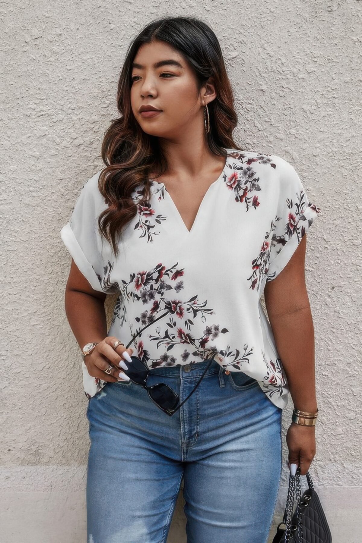 Plus Size Floral Print V Neck Loose Blouse - Image 10