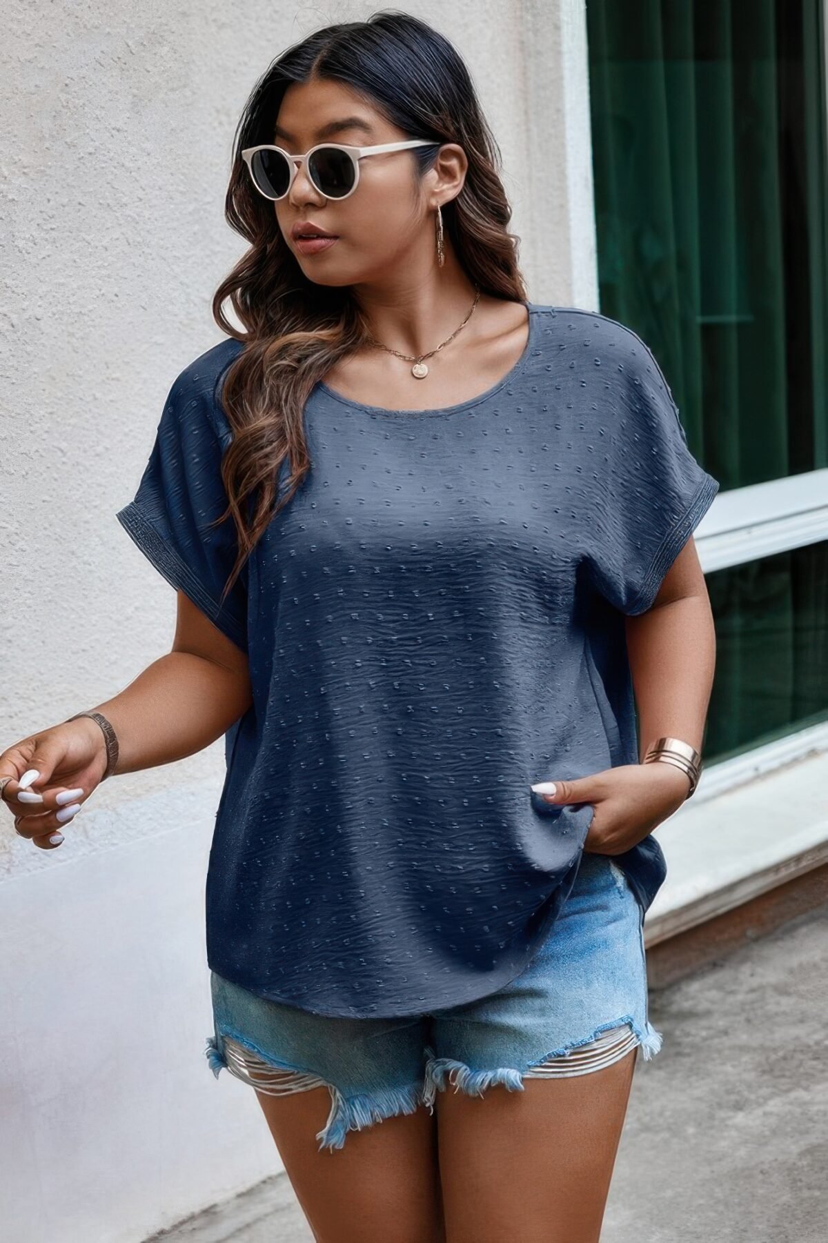 Plus Size Swiss Dot Solid Round Neck Loose Shirt - Image 3