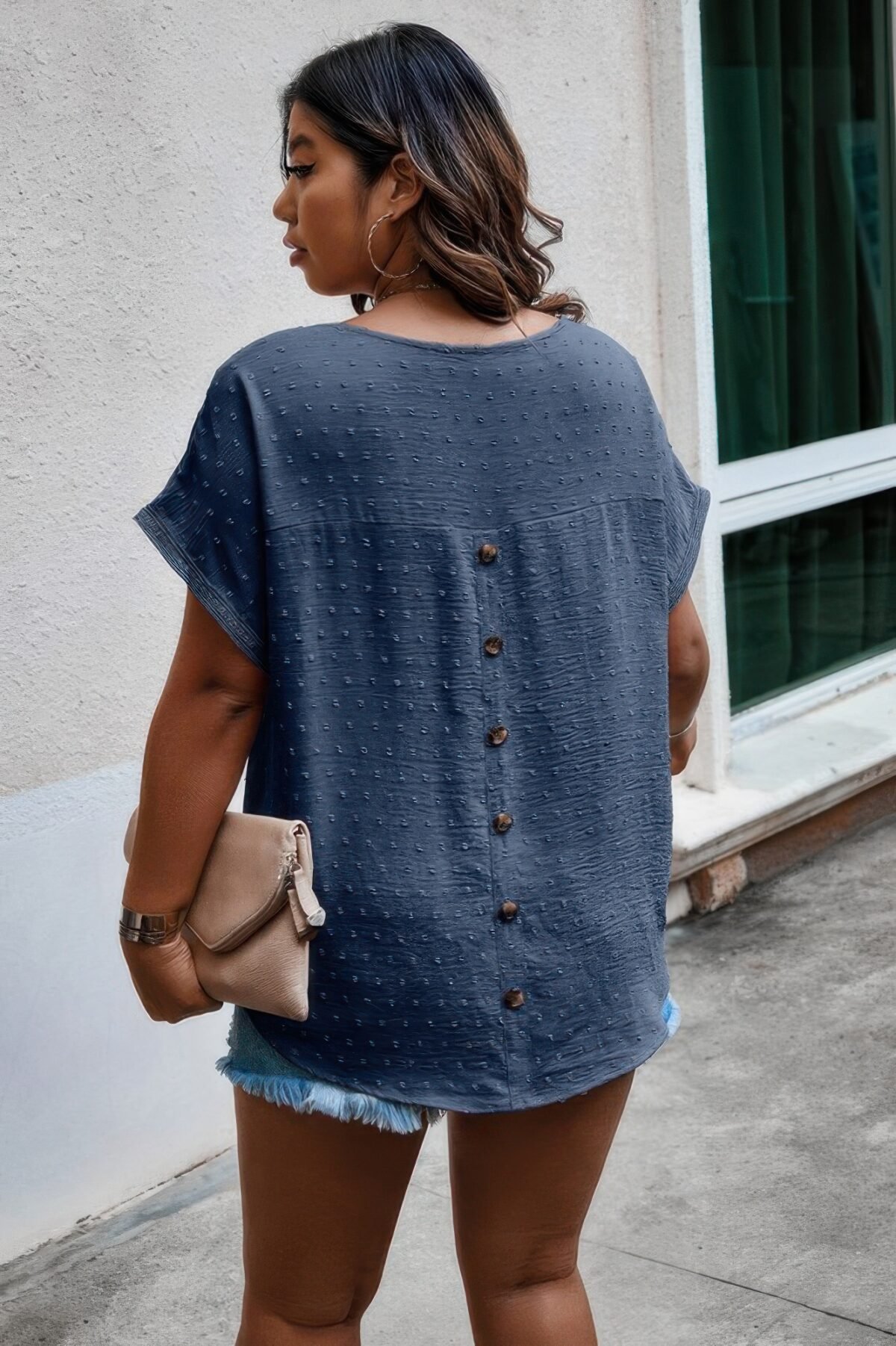 Plus Size Swiss Dot Solid Round Neck Loose Shirt - Image 6