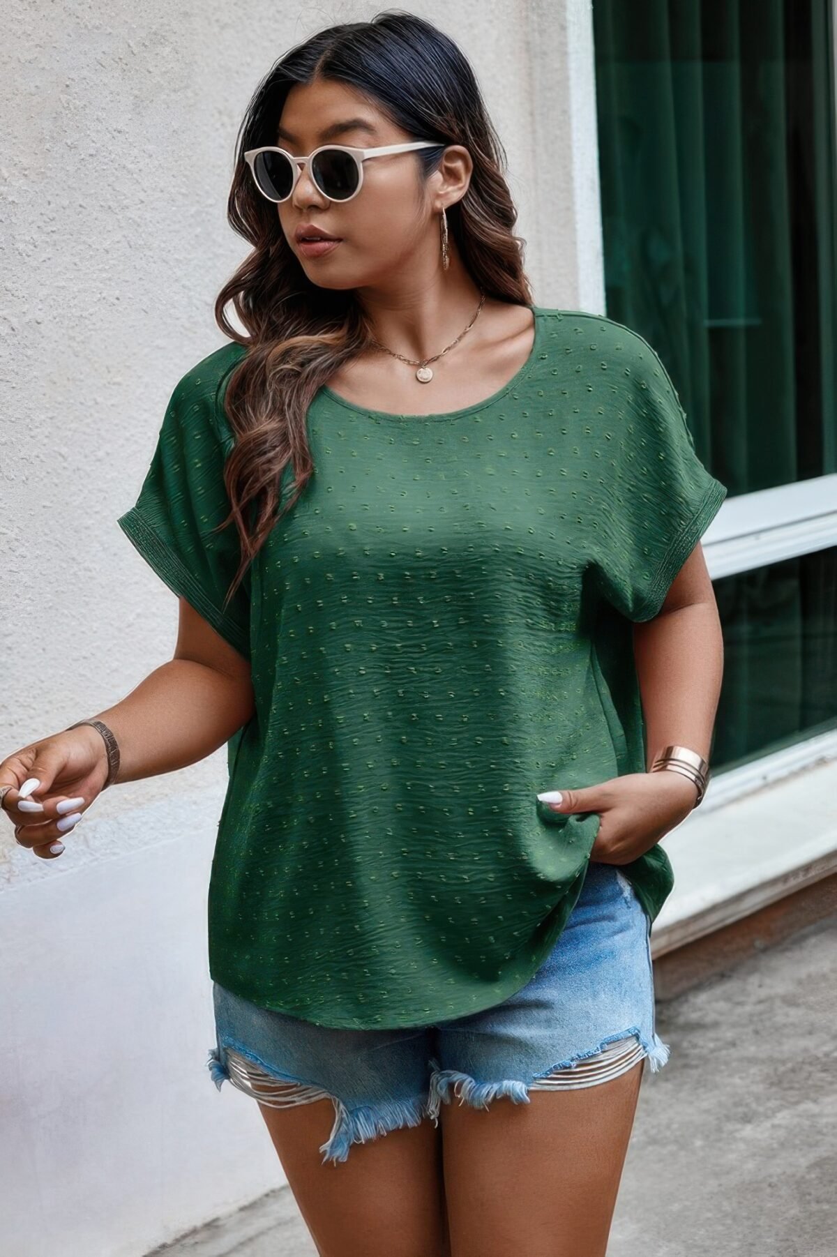 Plus Size Swiss Dot Solid Round Neck Loose Shirt - Image 9