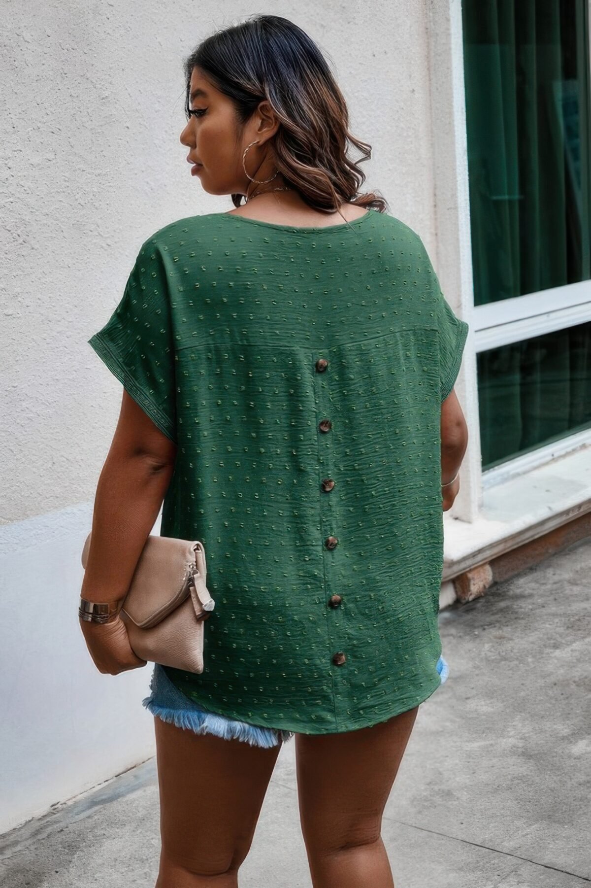 Plus Size Swiss Dot Solid Round Neck Loose Shirt - Image 10