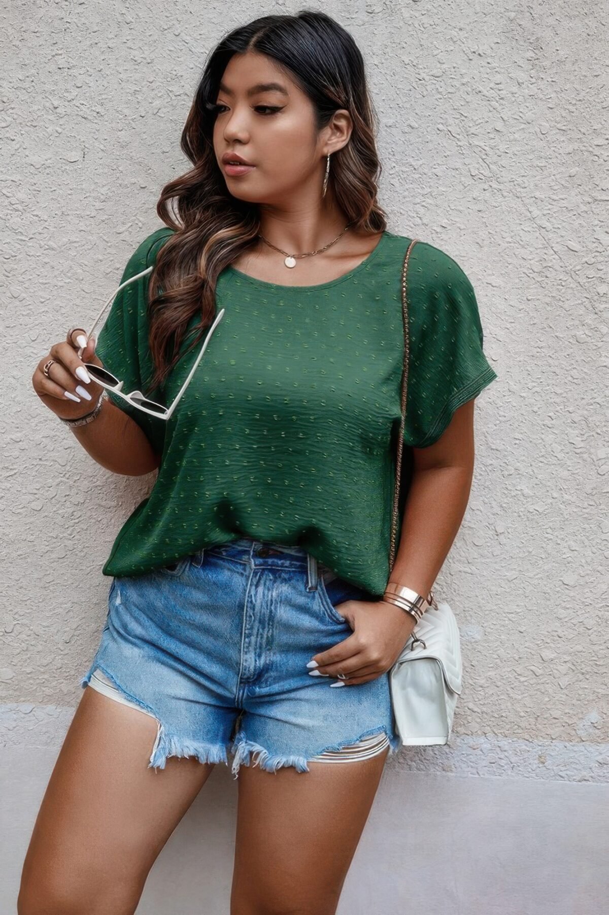 Plus Size Swiss Dot Solid Round Neck Loose Shirt - Image 13