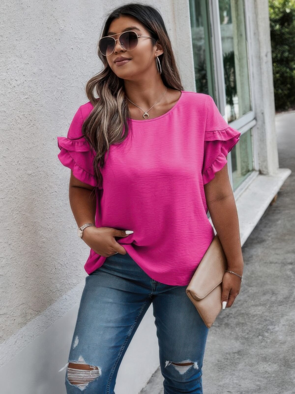 Plus Size Round Neck Ruffle Solid Loose Shirt - Image 4