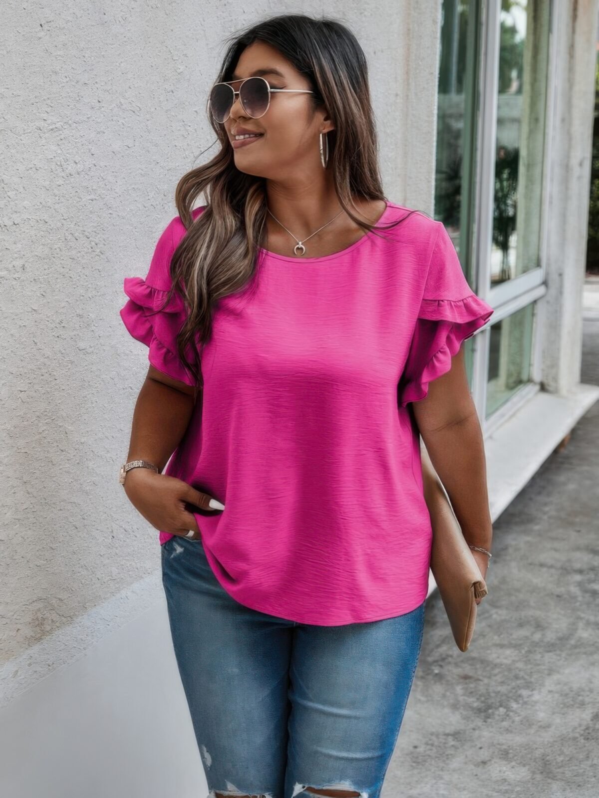 Plus Size Round Neck Ruffle Solid Loose Shirt - Image 6
