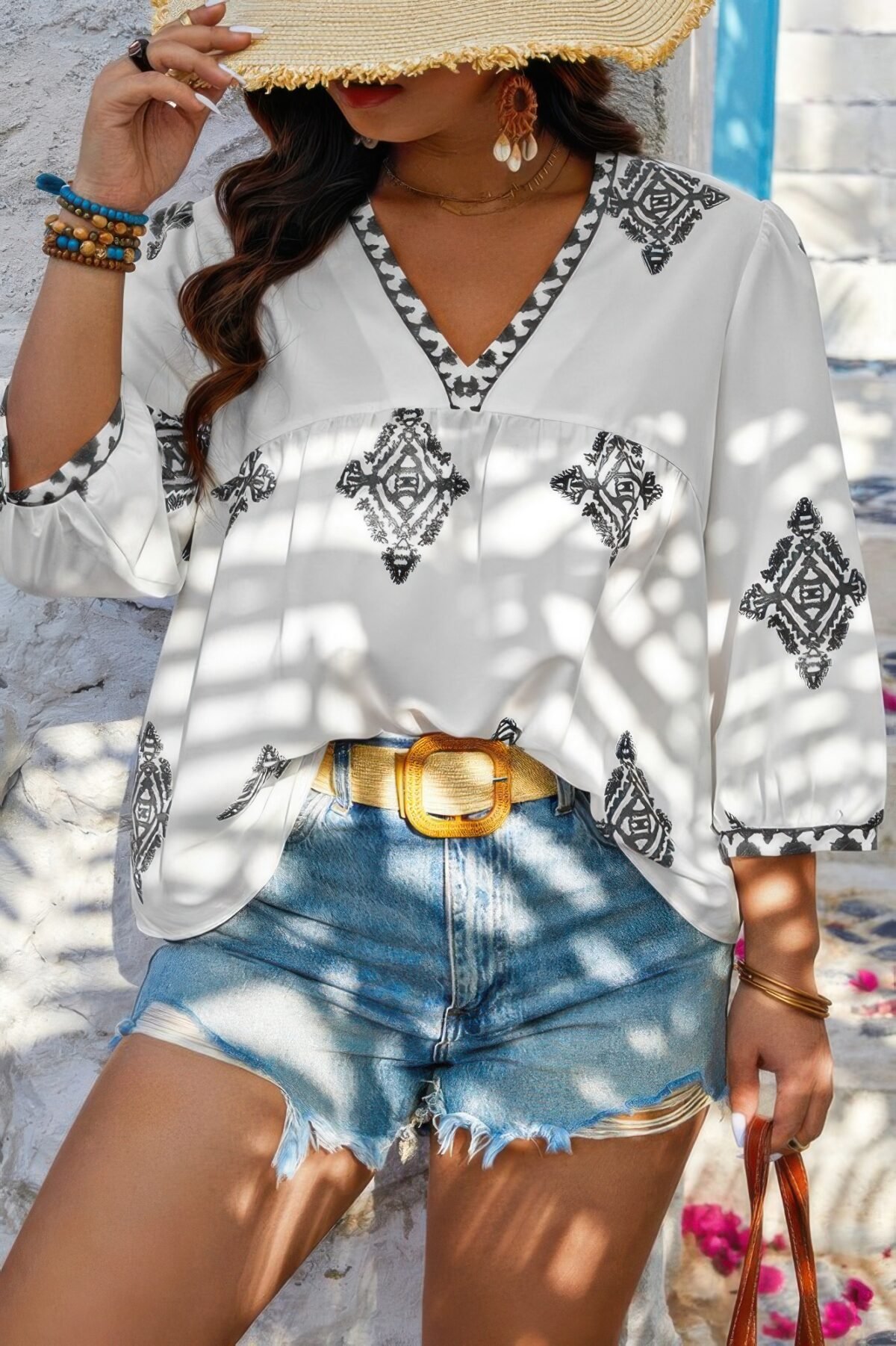 Plus V Neck Geometric Printed Embroidered Peplum Shirt - Image 2