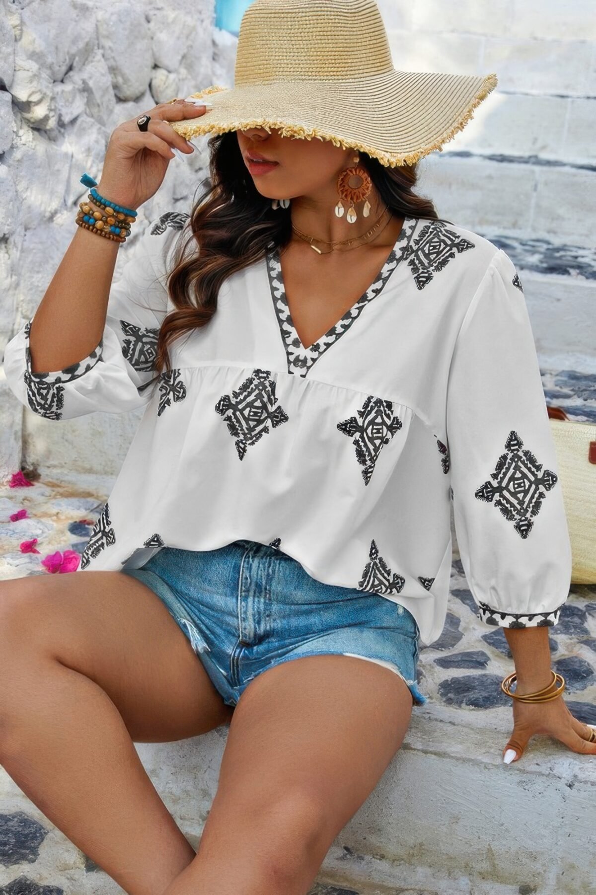 Plus V Neck Geometric Printed Embroidered Peplum Shirt - Image 3