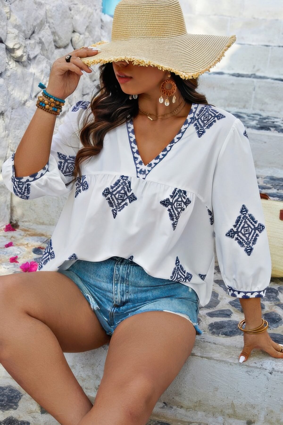 Plus V Neck Geometric Printed Embroidered Peplum Shirt - Image 4