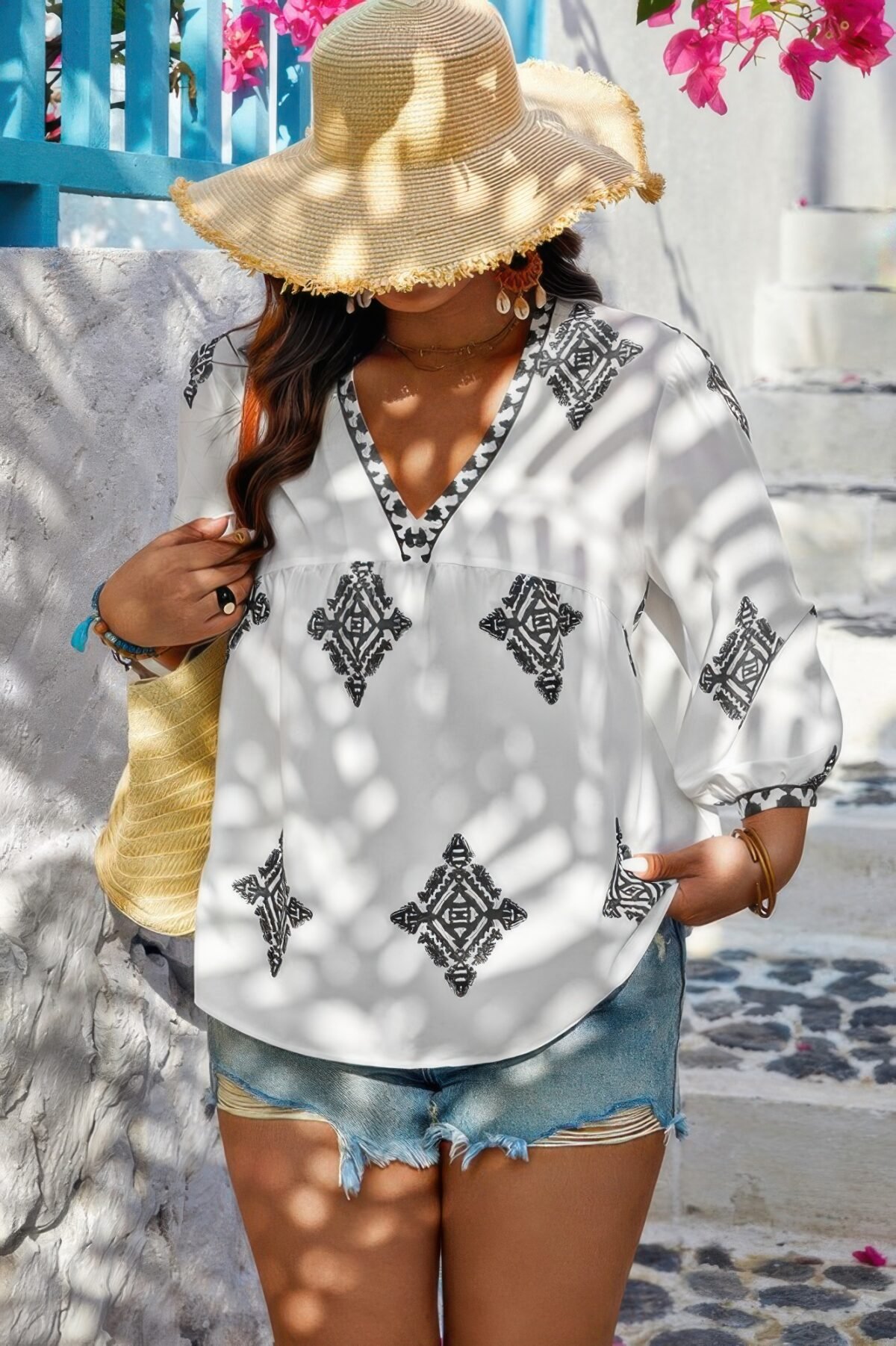 Plus V Neck Geometric Printed Embroidered Peplum Shirt - Image 5