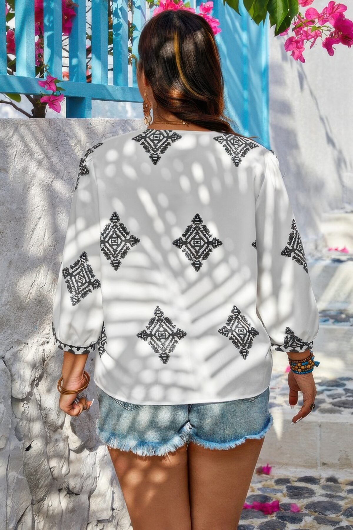 Plus V Neck Geometric Printed Embroidered Peplum Shirt - Image 6