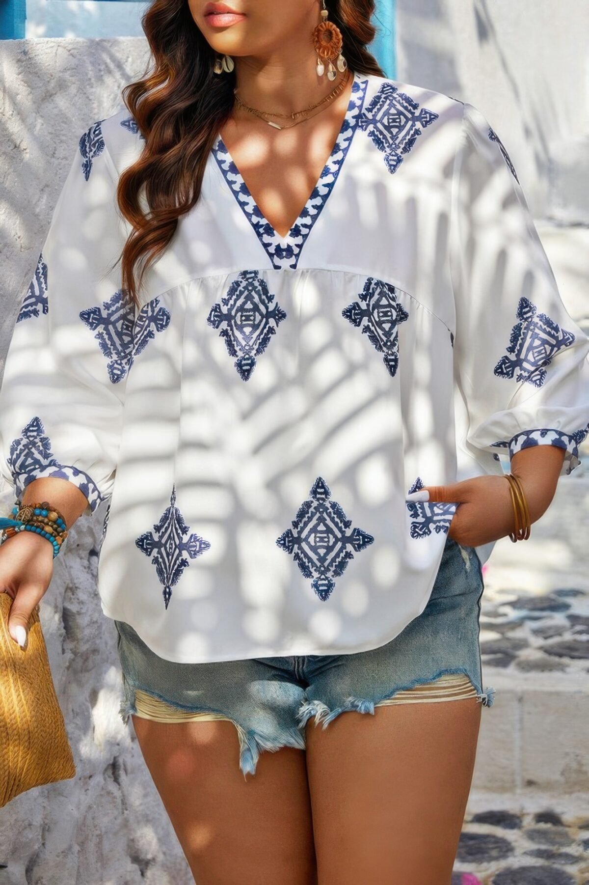 Plus V Neck Geometric Printed Embroidered Peplum Shirt - Image 8