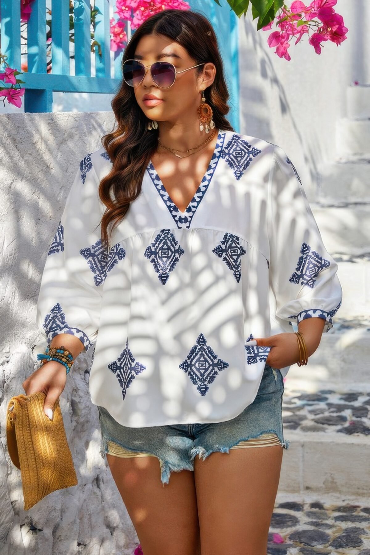 Plus V Neck Geometric Printed Embroidered Peplum Shirt - Image 9
