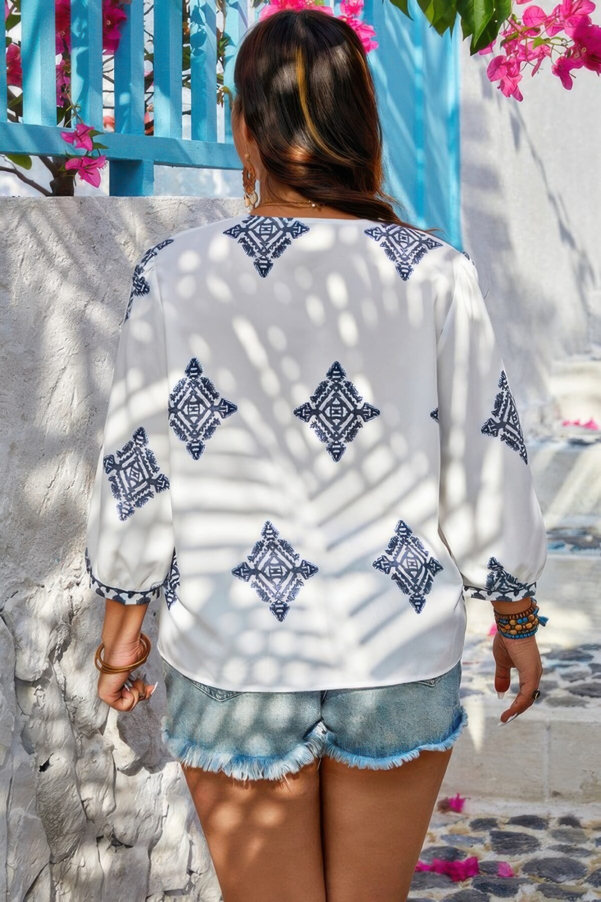 Plus V Neck Geometric Printed Embroidered Peplum Shirt - Image 10