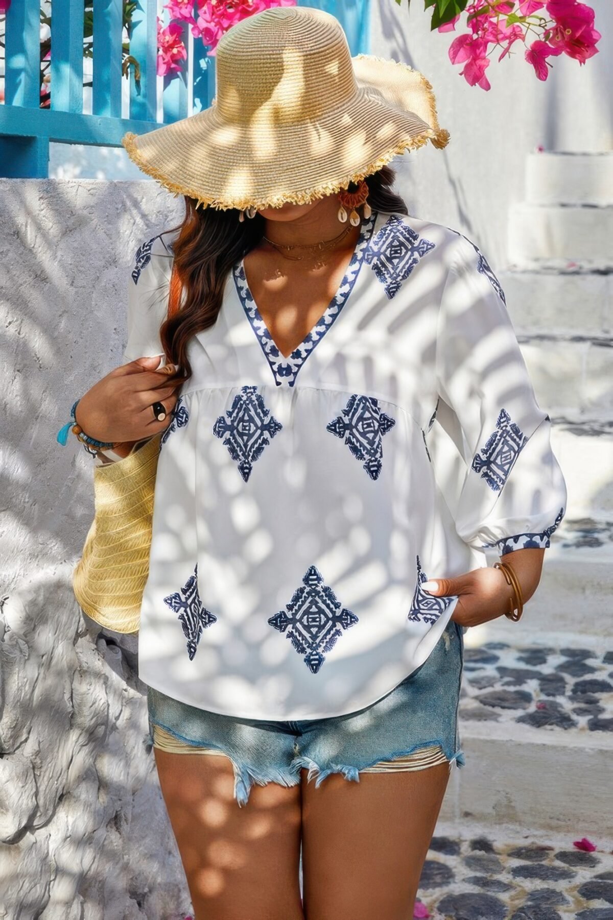 Plus V Neck Geometric Printed Embroidered Peplum Shirt - Image 11