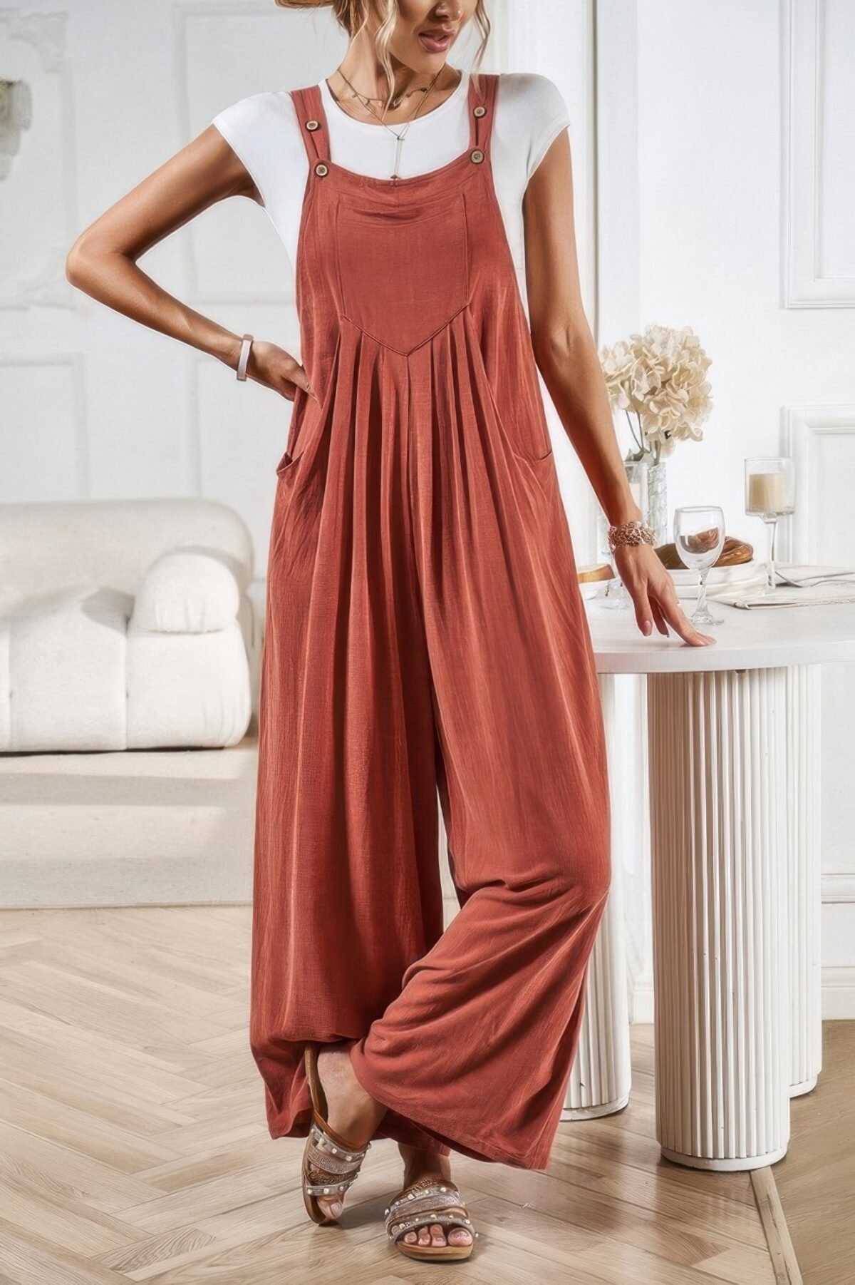 Button Detail Wide Leg Overall Pockets Jumpsuit - Image 3