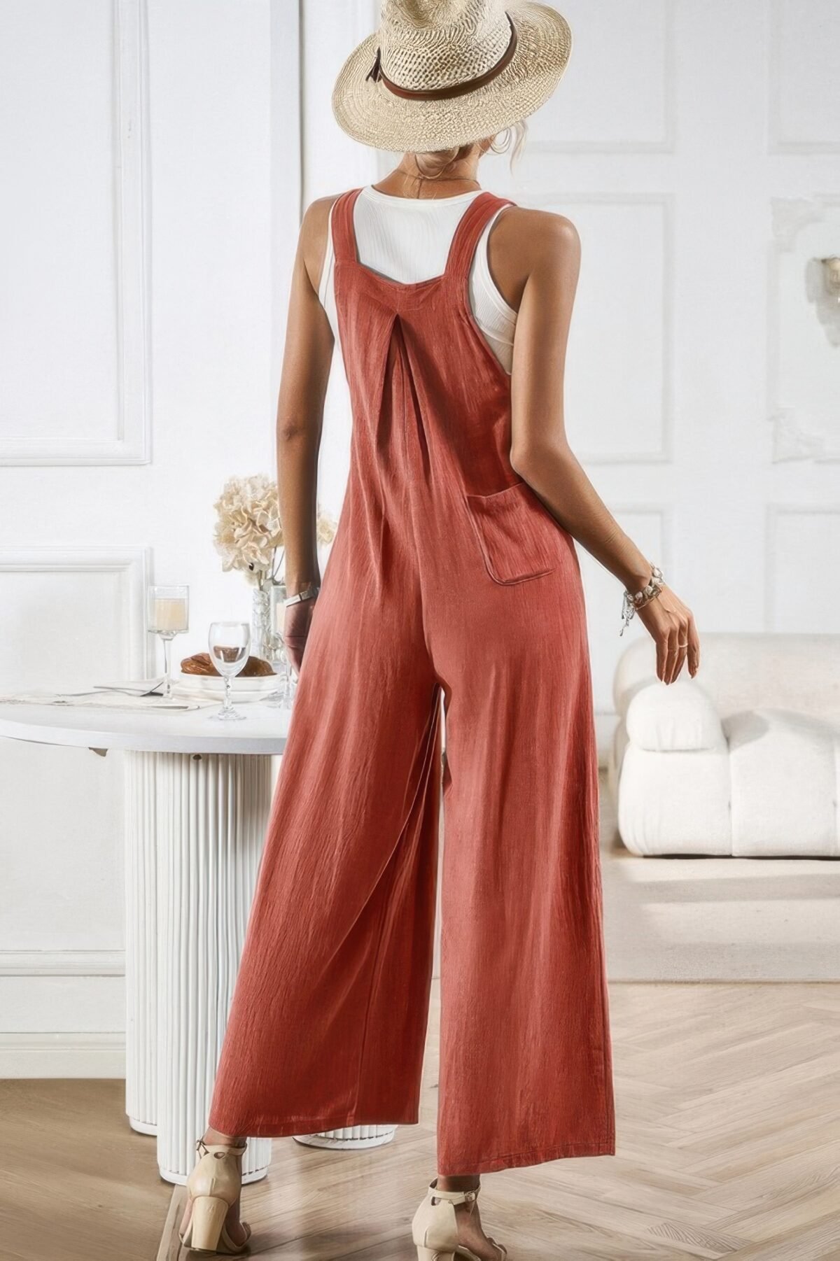 Button Detail Wide Leg Overall Pockets Jumpsuit - Image 5