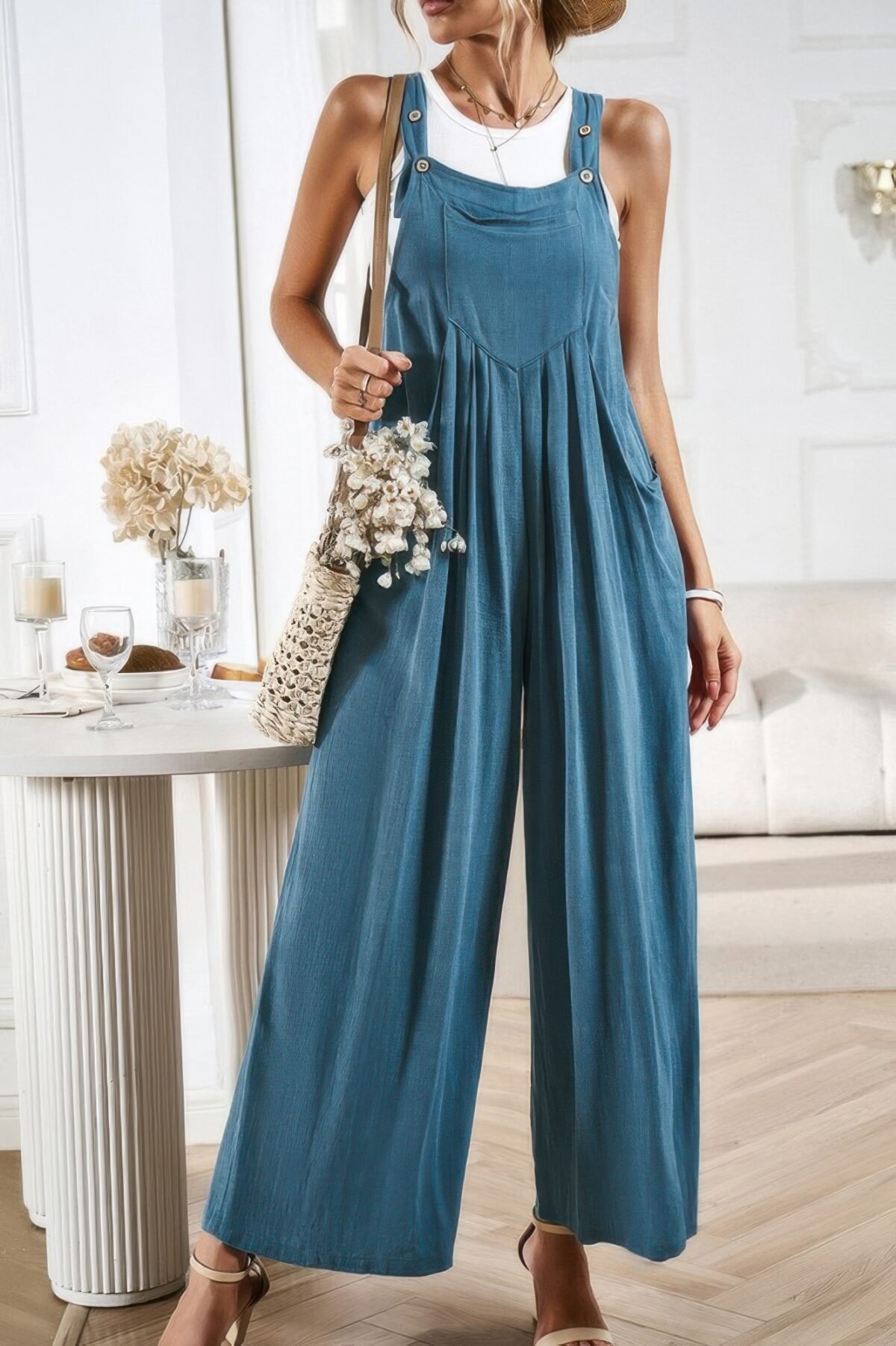 Button Detail Wide Leg Overall Pockets Jumpsuit - Image 9