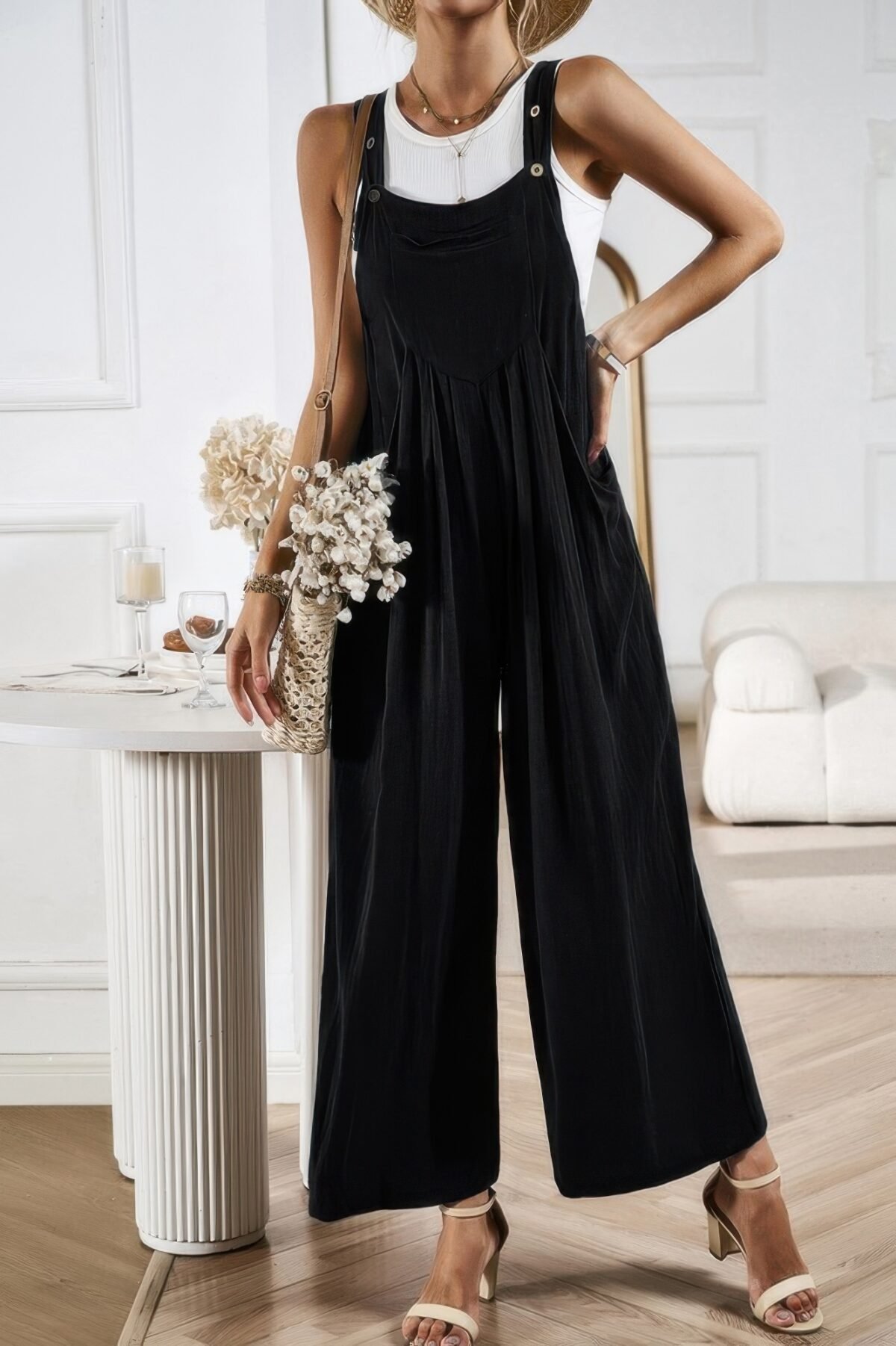 Button Detail Wide Leg Overall Pockets Jumpsuit - Image 12