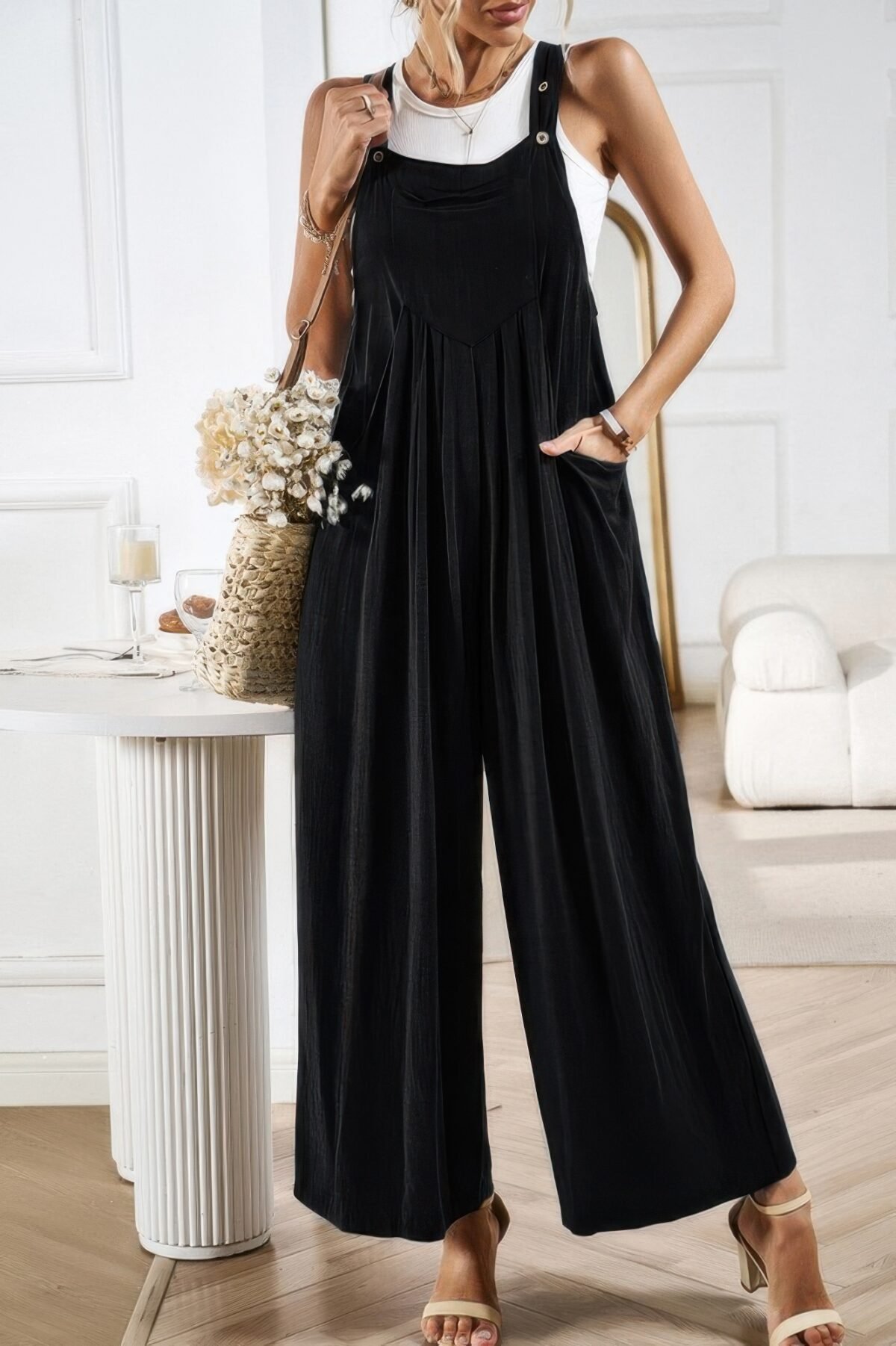 Button Detail Wide Leg Overall Pockets Jumpsuit - Image 13