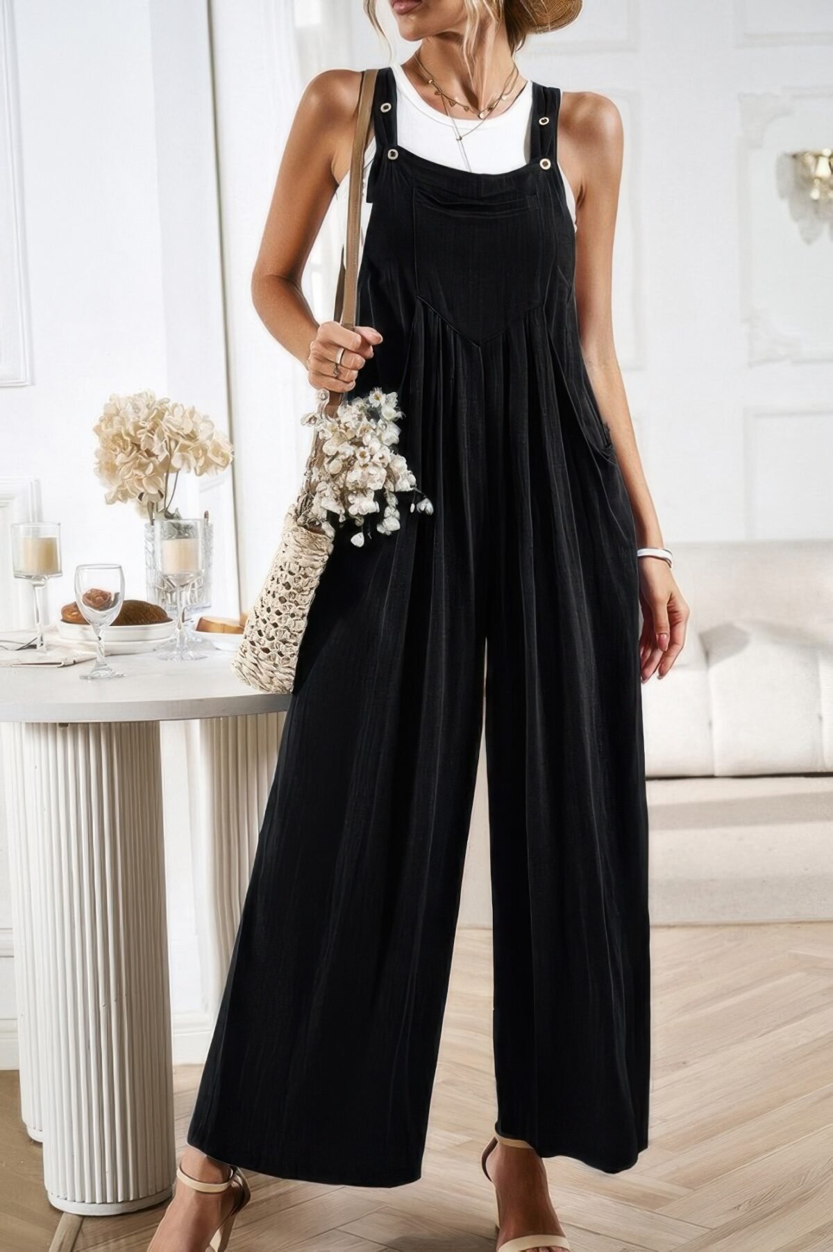 Button Detail Wide Leg Overall Pockets Jumpsuit - Image 14