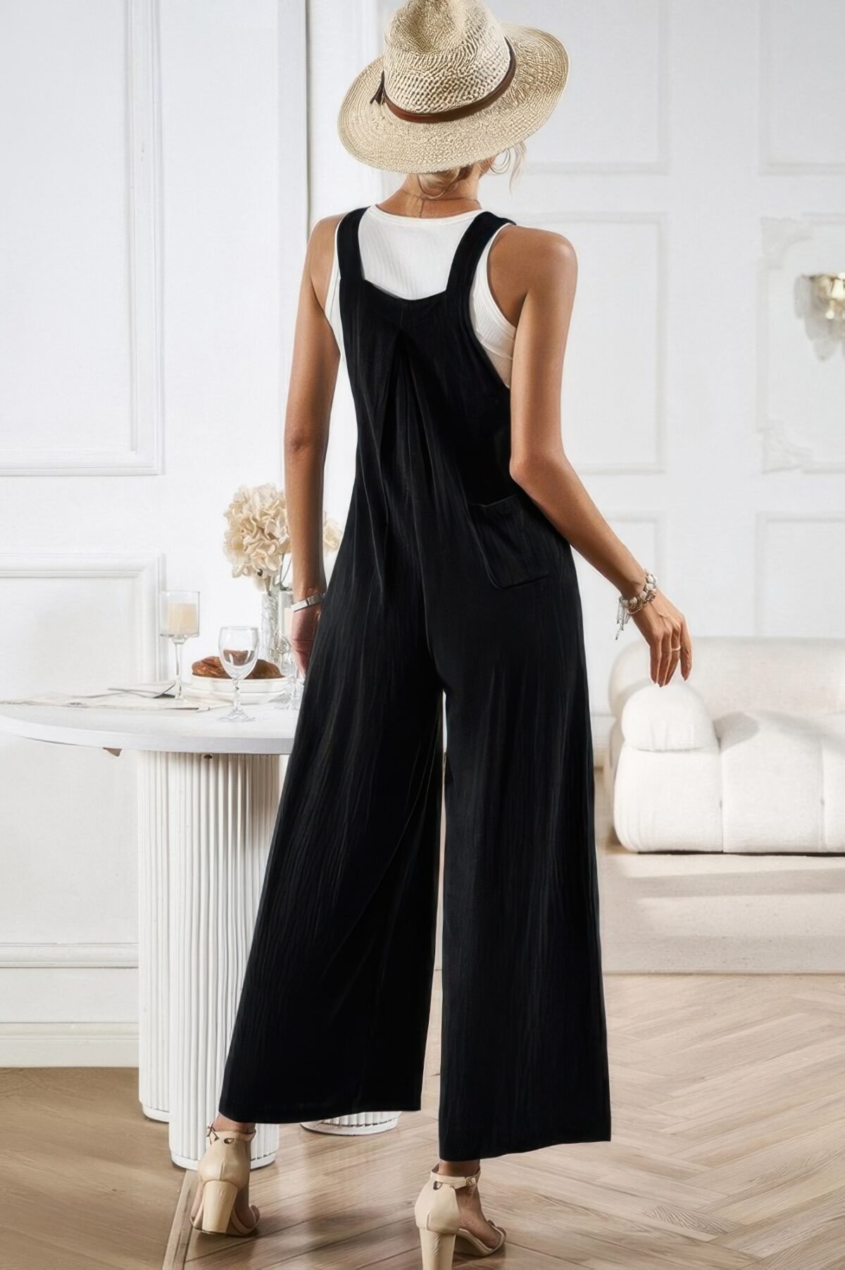 Button Detail Wide Leg Overall Pockets Jumpsuit - Image 15