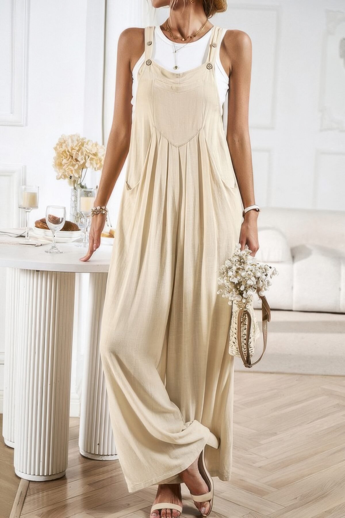 Button Detail Wide Leg Overall Pockets Jumpsuit - Image 16