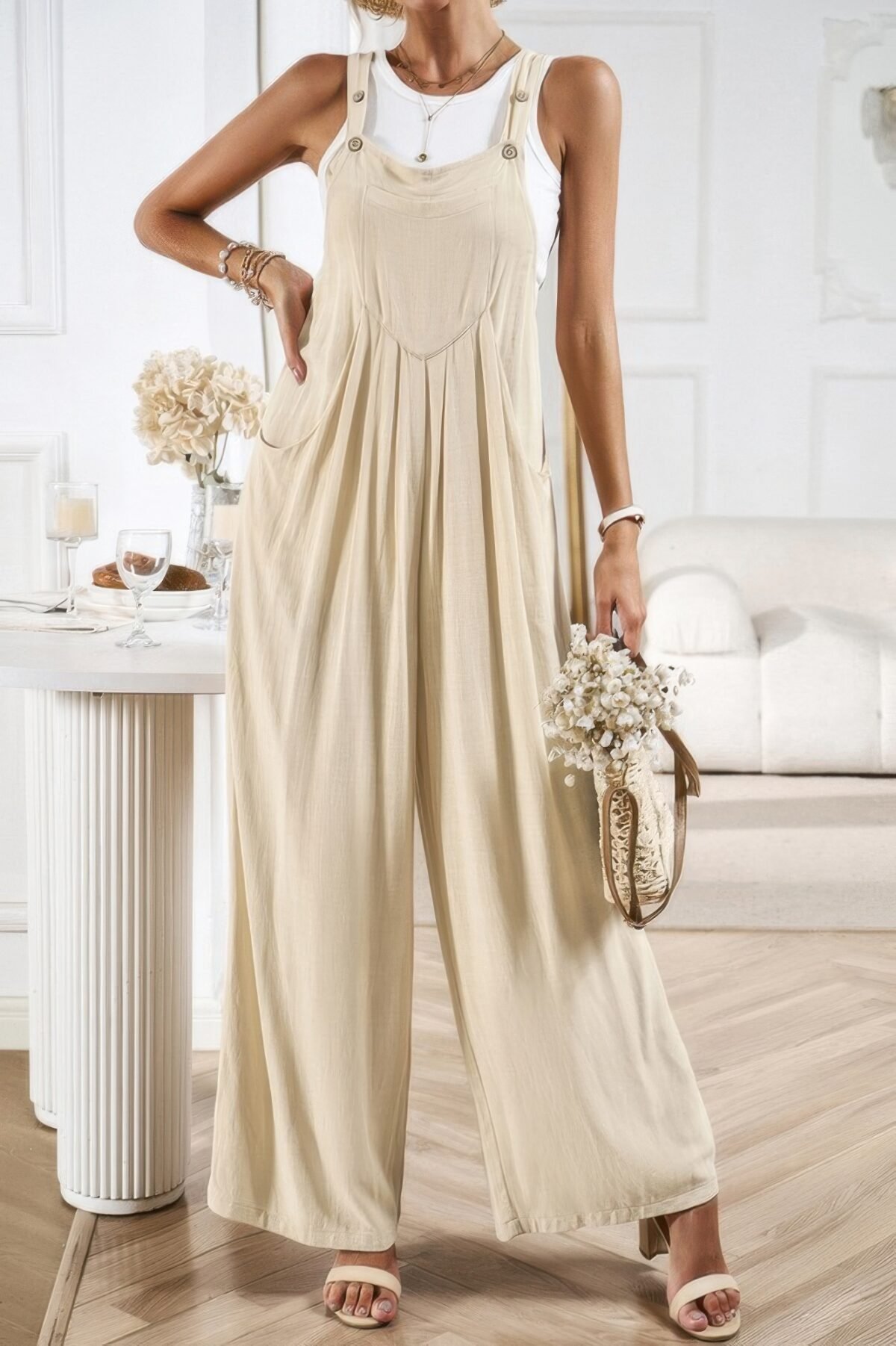 Button Detail Wide Leg Overall Pockets Jumpsuit - Image 19