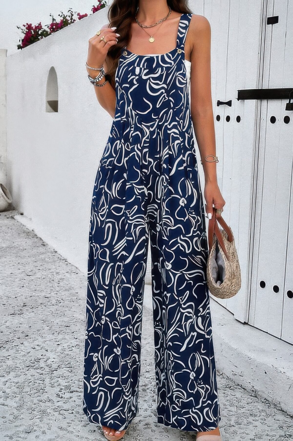 Geo Print Smocked Sleeveless Pockets Jumpsuit - Image 3