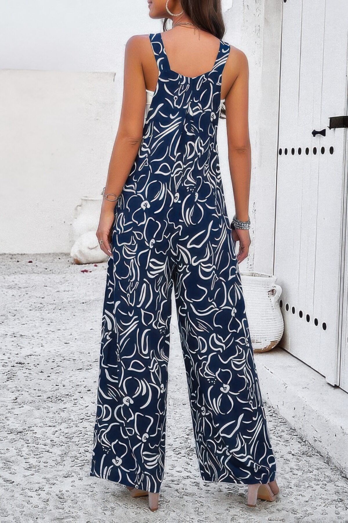 Geo Print Smocked Sleeveless Pockets Jumpsuit - Image 6