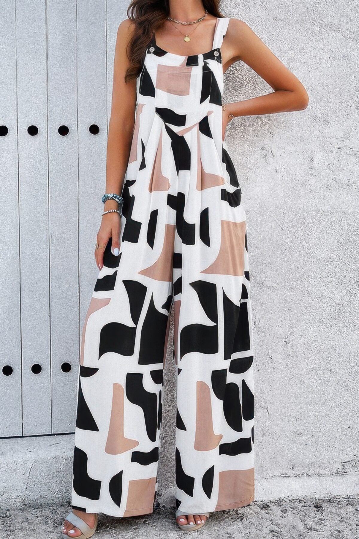 Geo Print Smocked Sleeveless Pockets Jumpsuit - Image 13