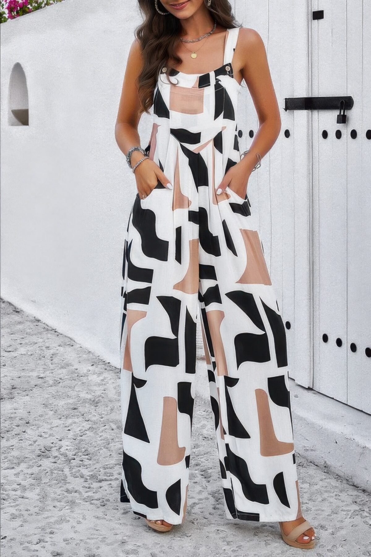 Geo Print Smocked Sleeveless Pockets Jumpsuit - Image 14