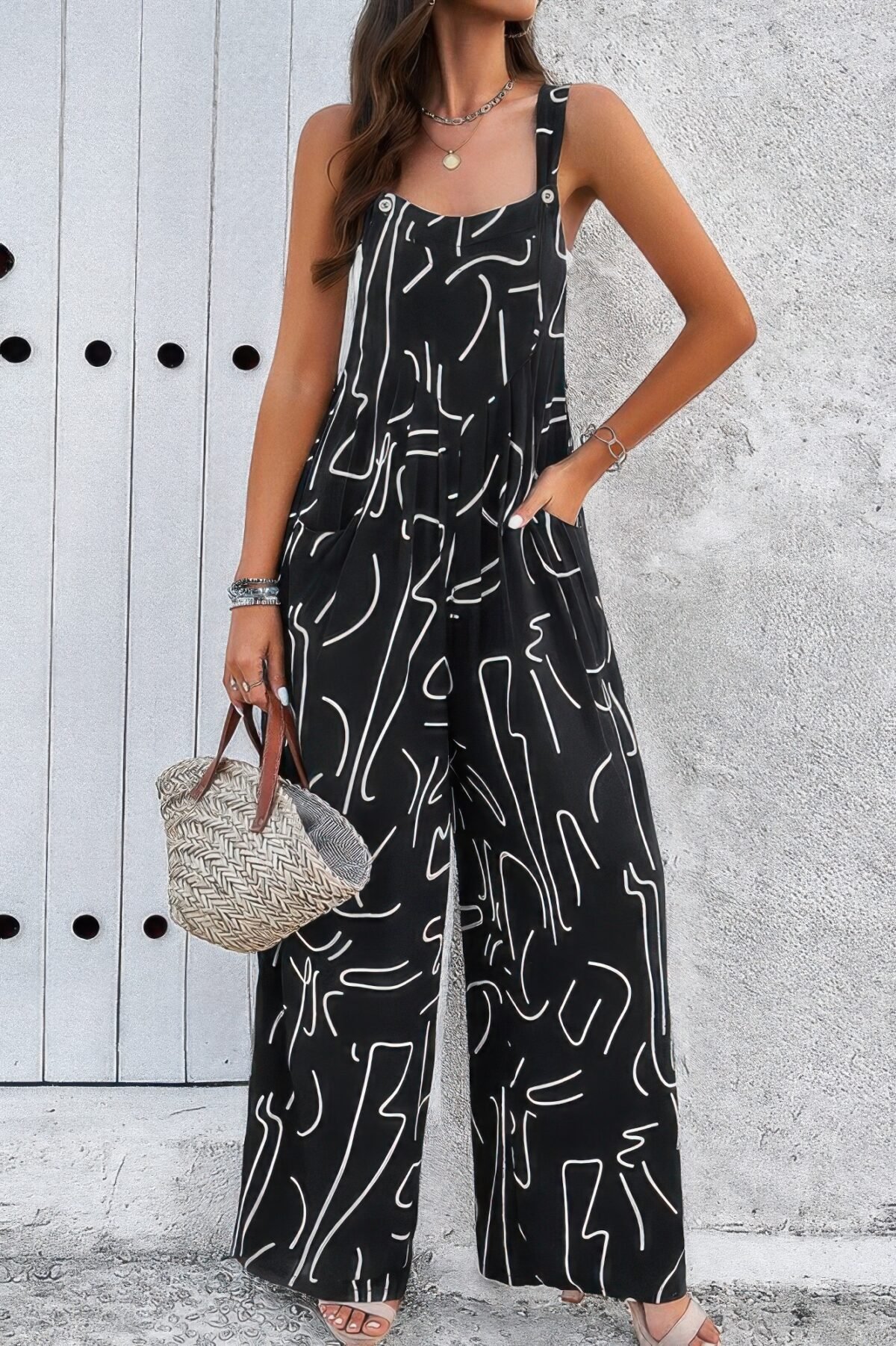 Geo Print Smocked Sleeveless Pockets Jumpsuit - Image 23