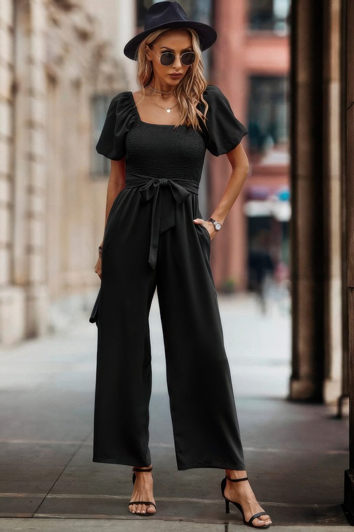 Square Neck Puff Sleeve Belted Fit Jumpsuit - Image 1