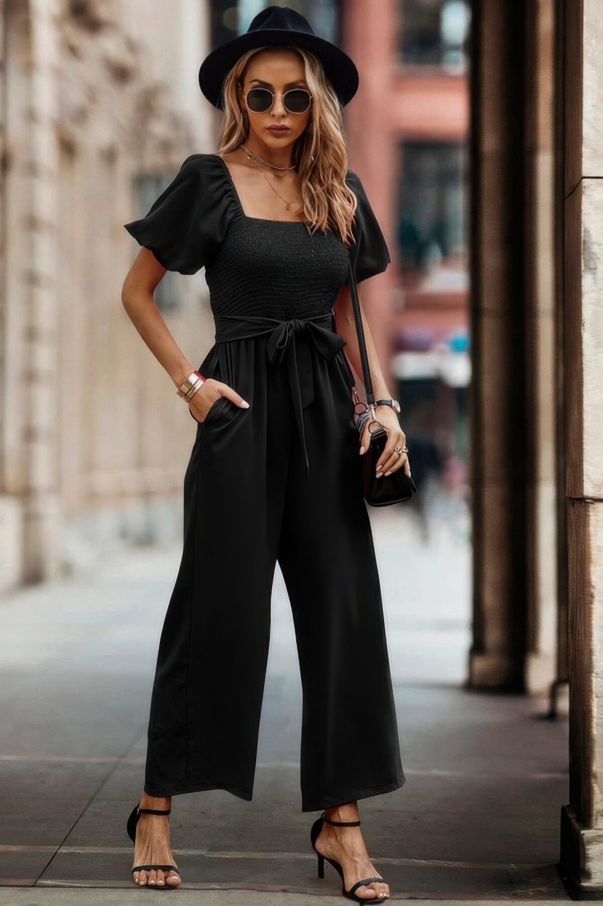Square Neck Puff Sleeve Belted Fit Jumpsuit - Image 2