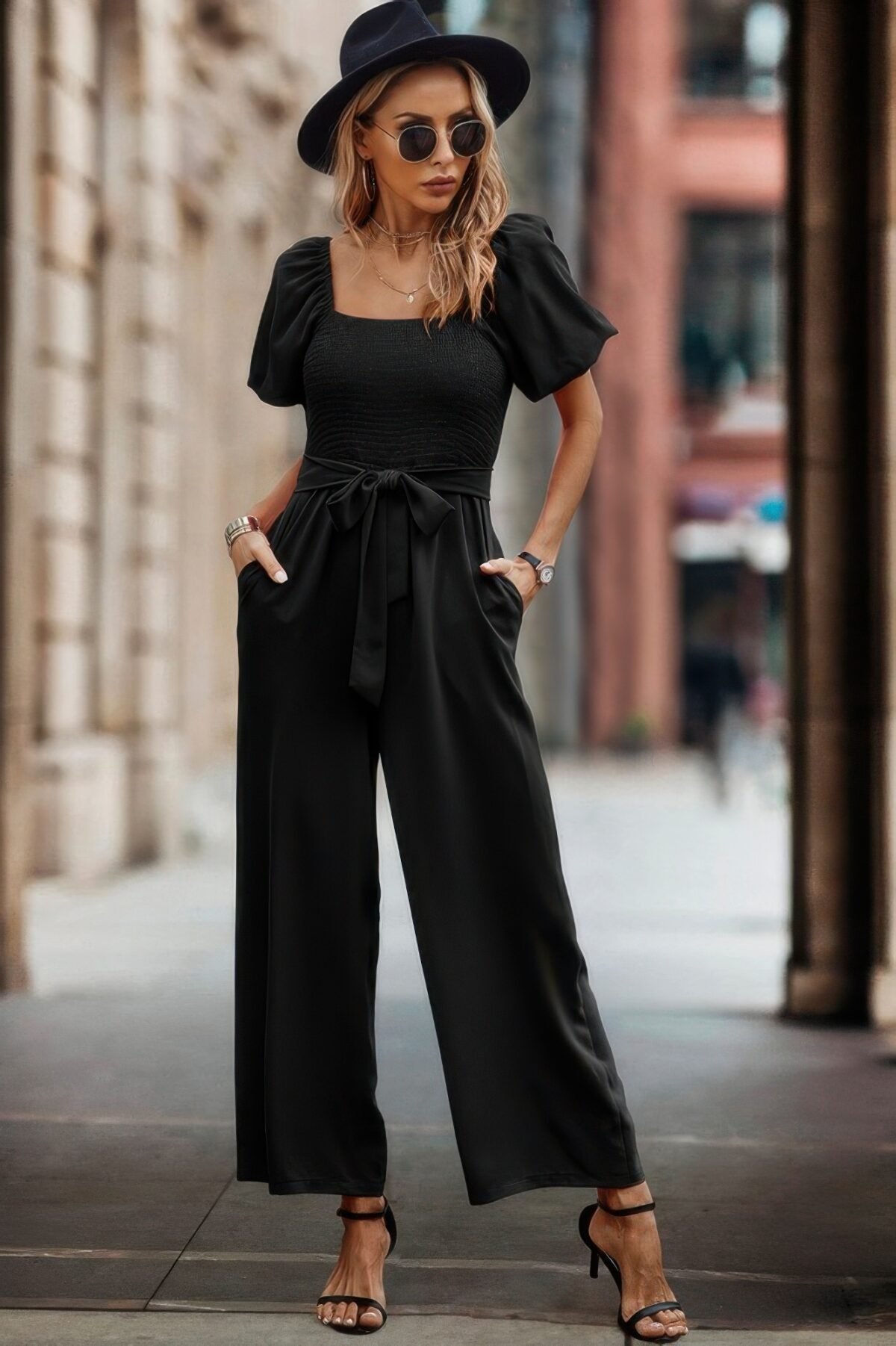 Square Neck Puff Sleeve Belted Fit Jumpsuit - Image 3