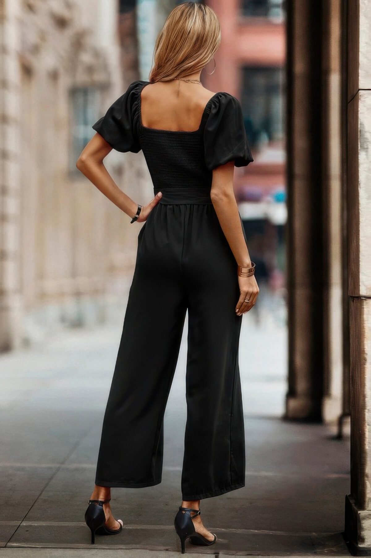Square Neck Puff Sleeve Belted Fit Jumpsuit - Image 4