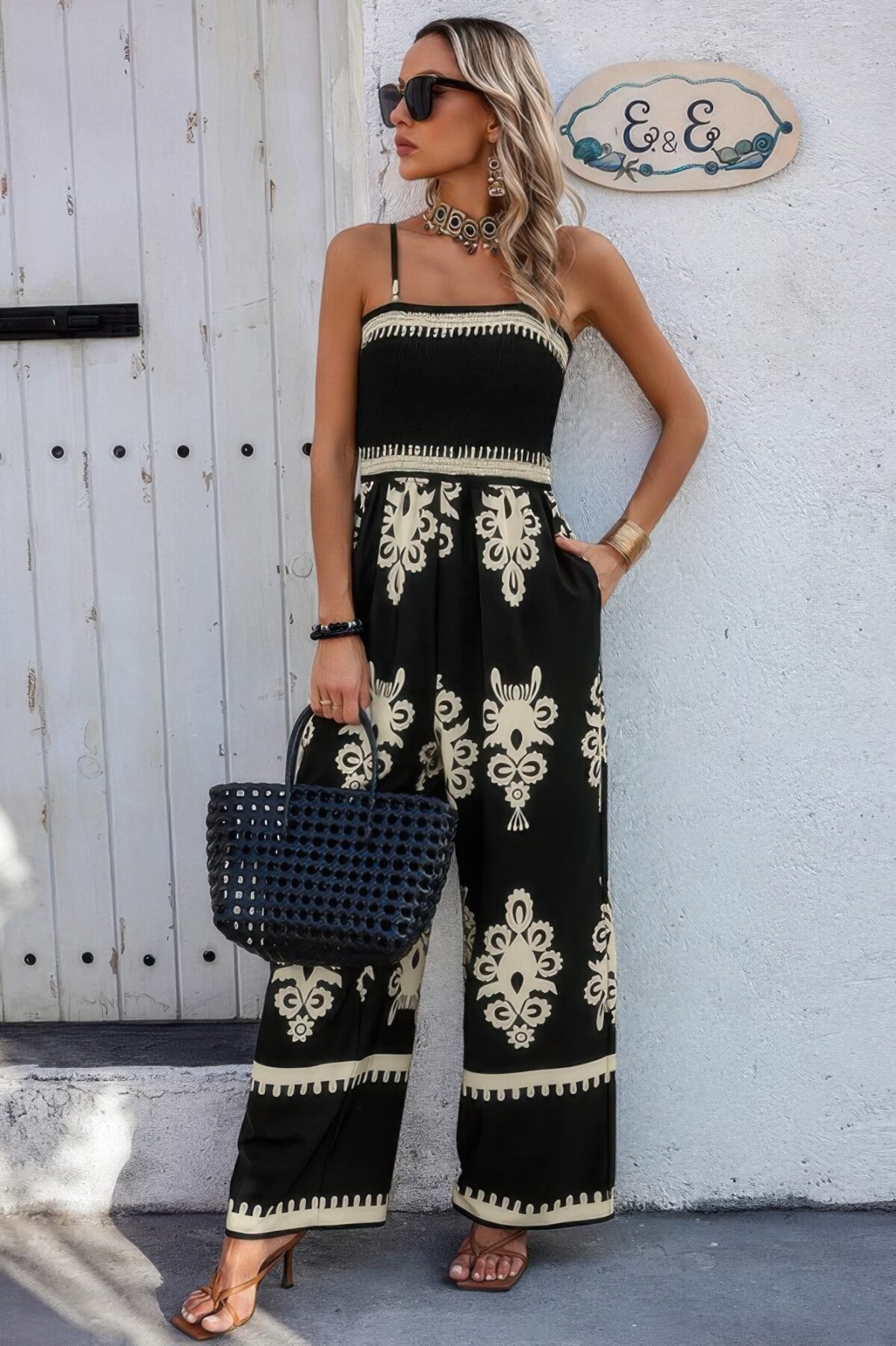 Geo Print Off Shoulder High Waist Fit Jumpsuit - Image 2