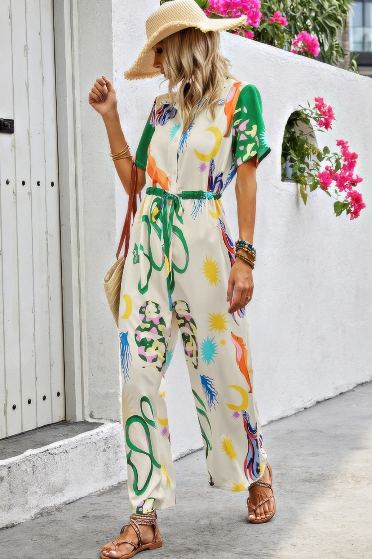 Allover Print Button Up Belt Jumpsuit - Image 1