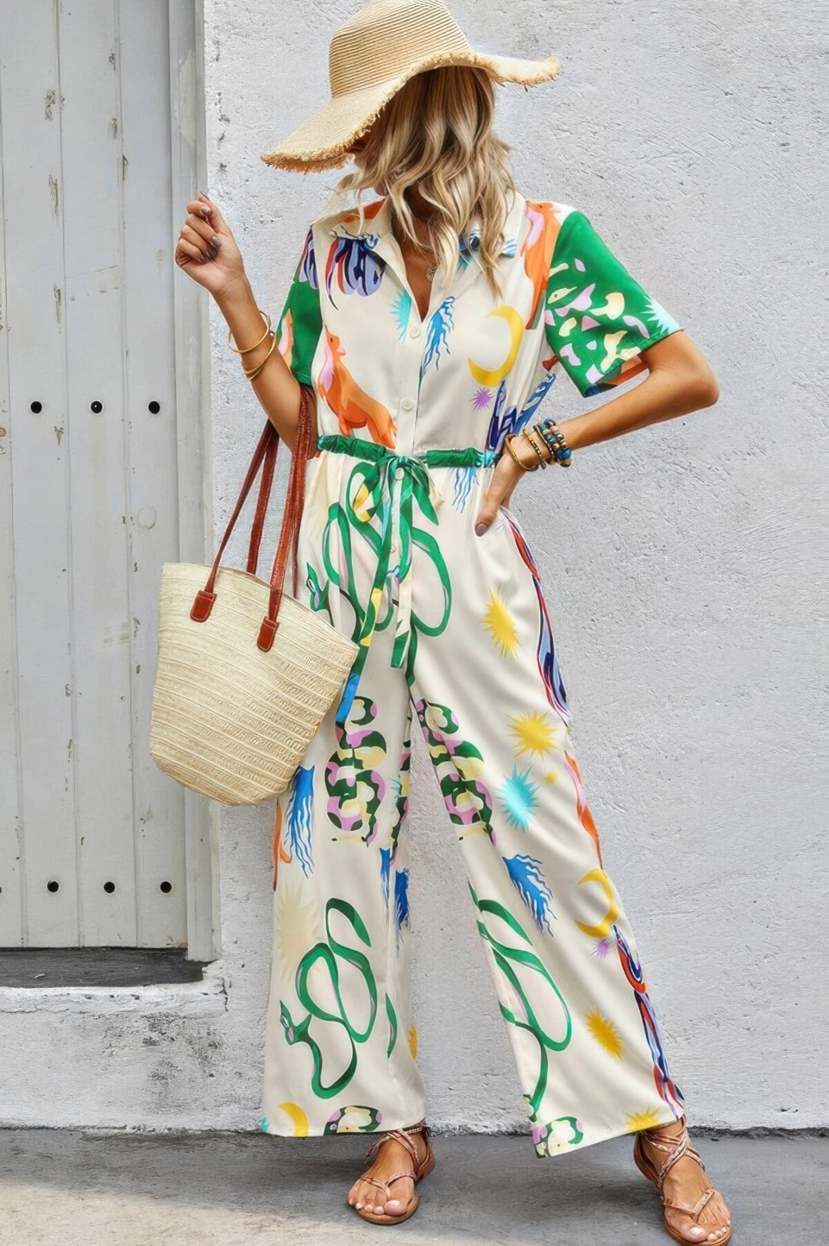 Allover Print Button Up Belt Jumpsuit - Image 4