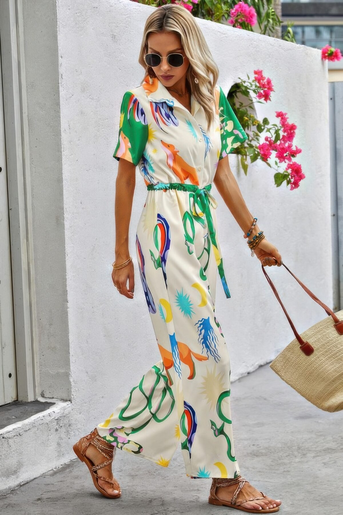 Allover Print Button Up Belt Jumpsuit - Image 6