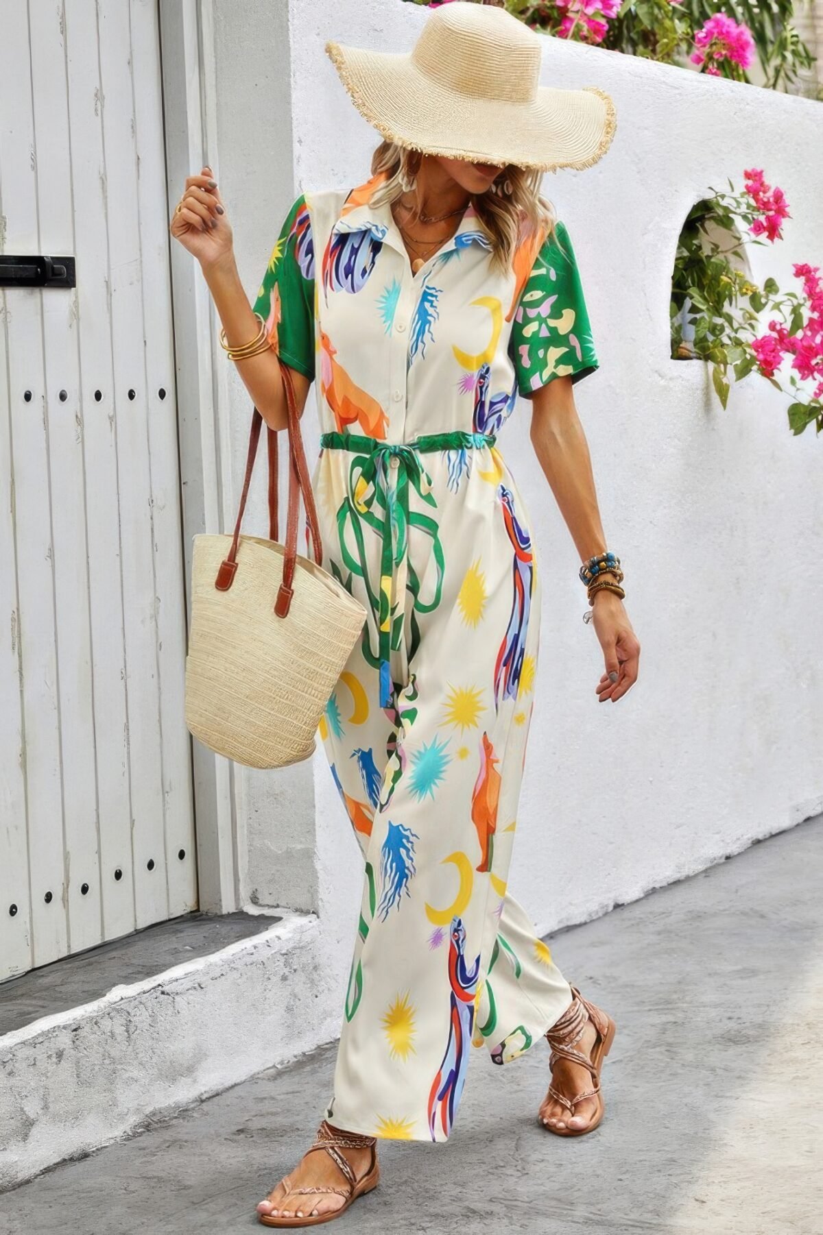 Allover Print Button Up Belt Jumpsuit - Image 7