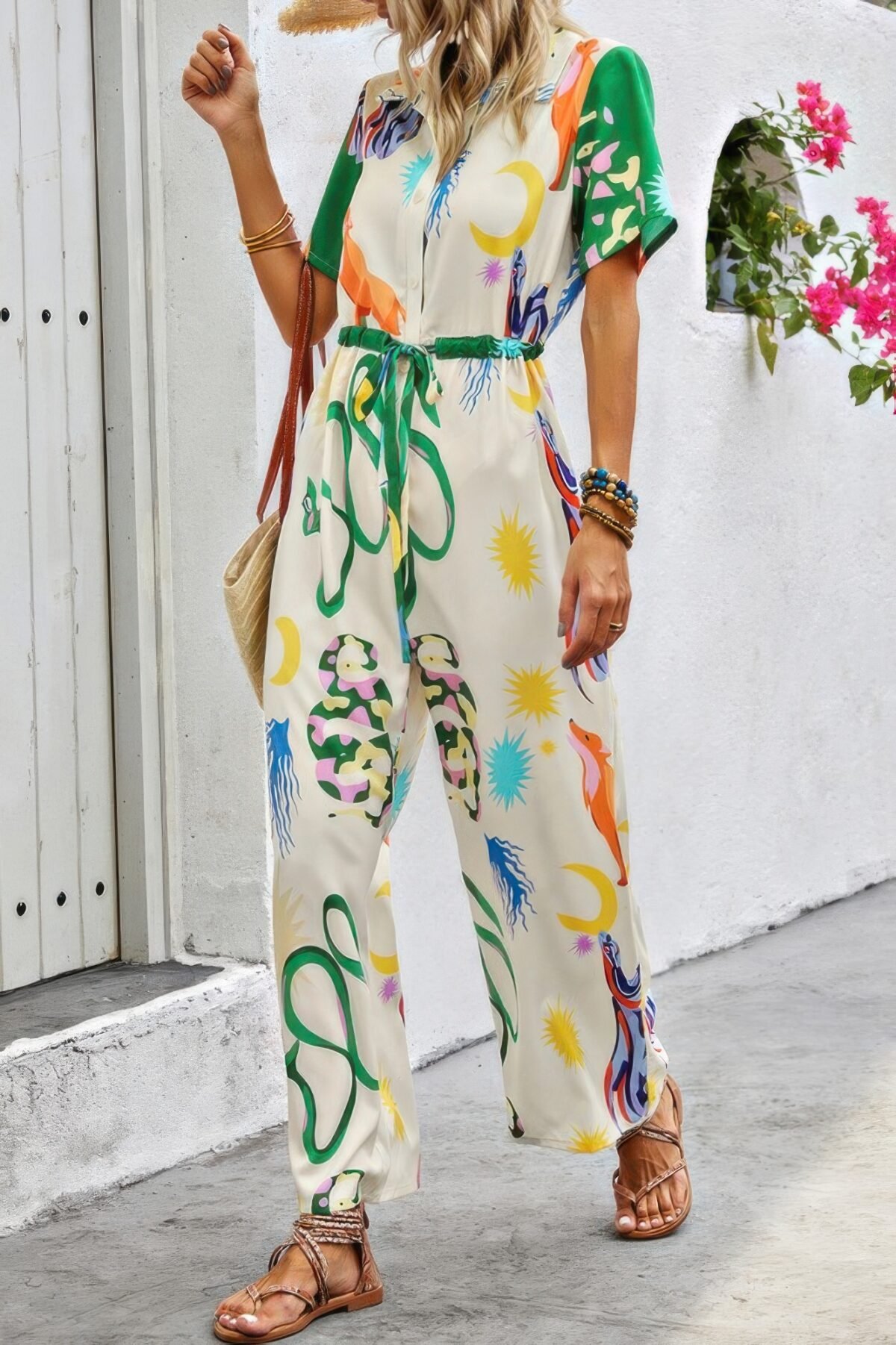 Allover Print Button Up Belt Jumpsuit - Image 2