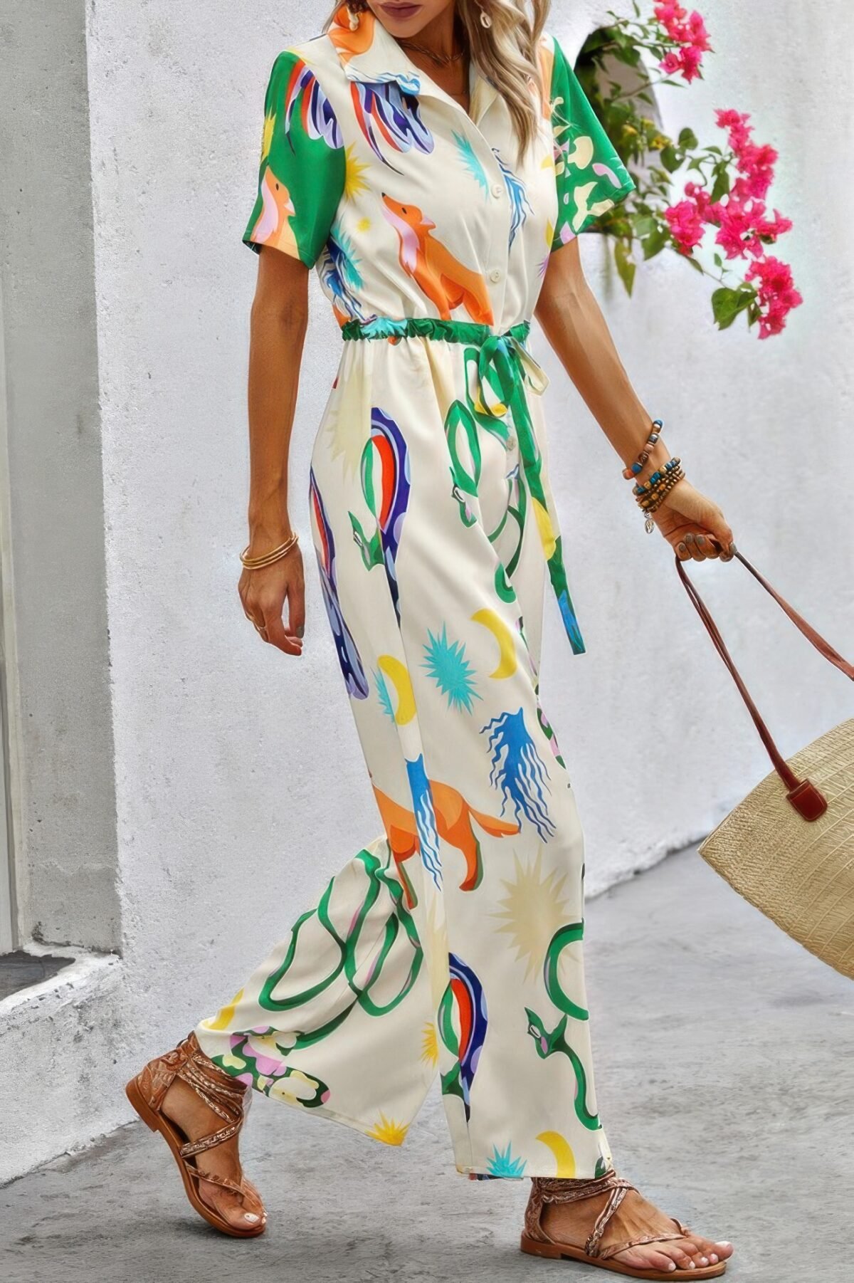 Allover Print Button Up Belt Jumpsuit - Image 3