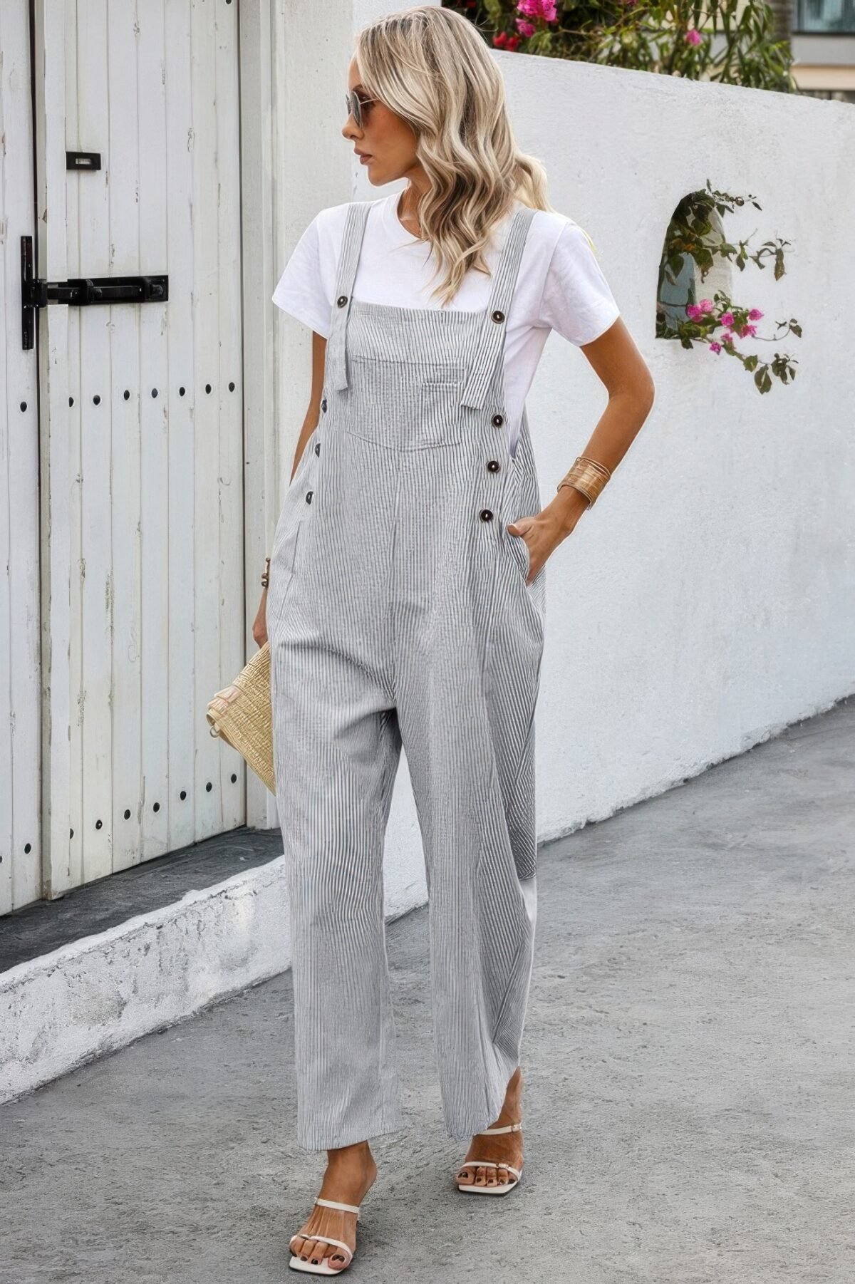 Solid Square Neck Button Trim Pockets Jumpsuit - Image 3
