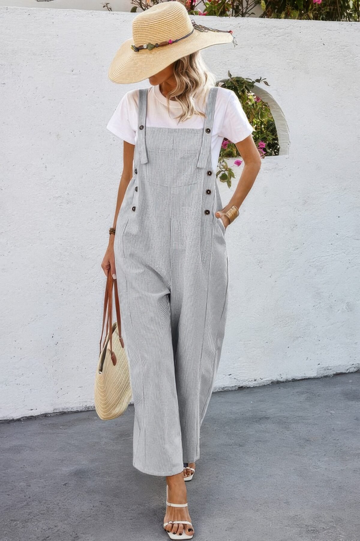 Solid Square Neck Button Trim Pockets Jumpsuit - Image 4