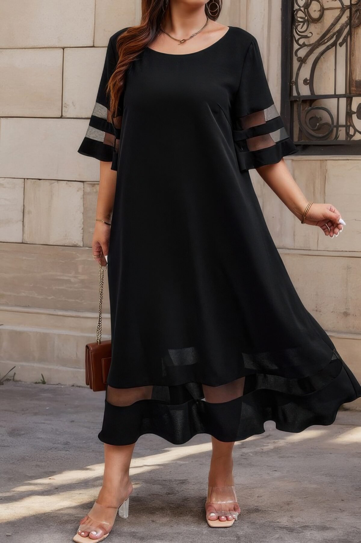 Plus Size Mesh Splicing Round Neck Long Dress - Image 1