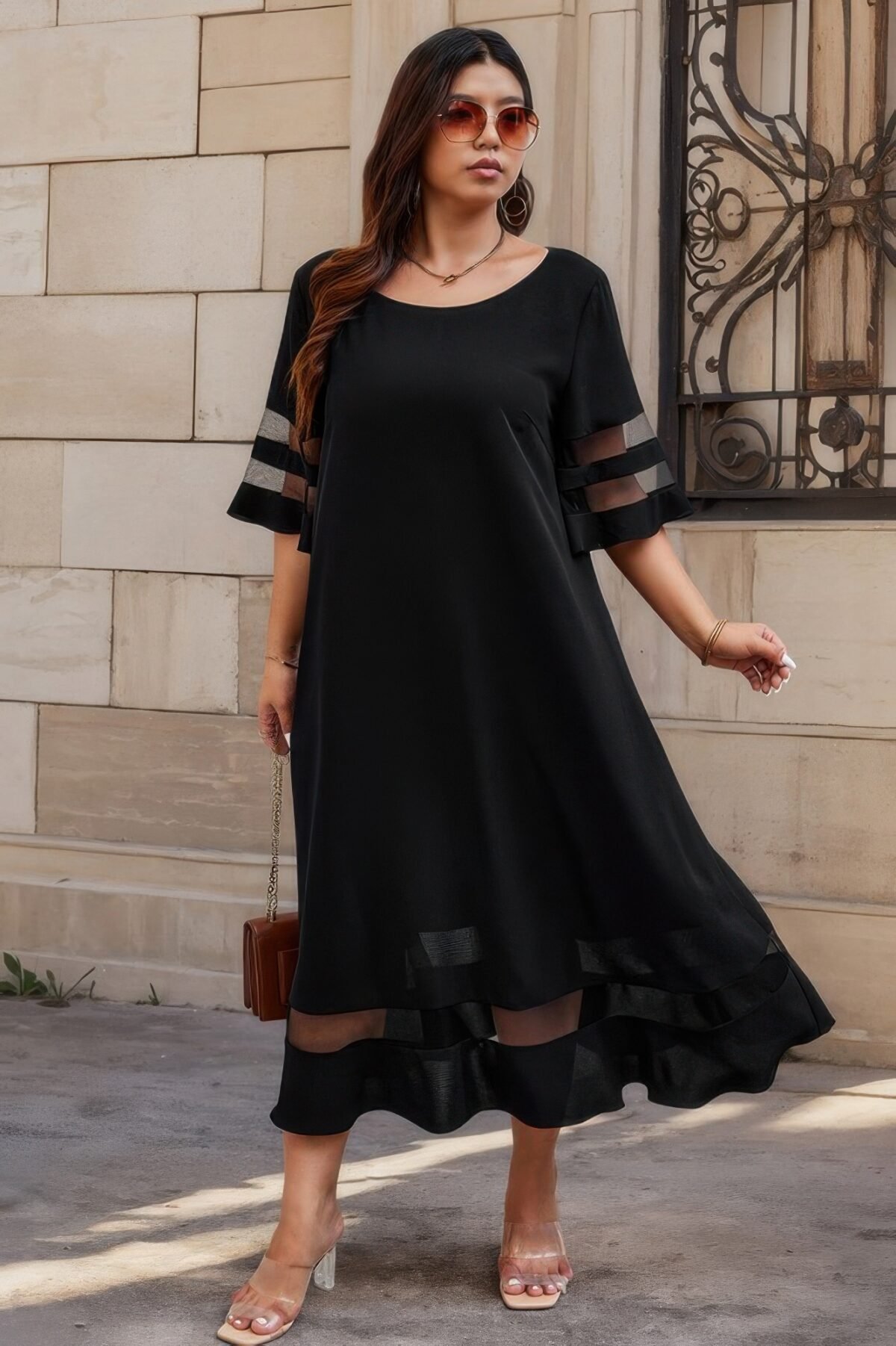 Plus Size Mesh Splicing Round Neck Long Dress - Image 4