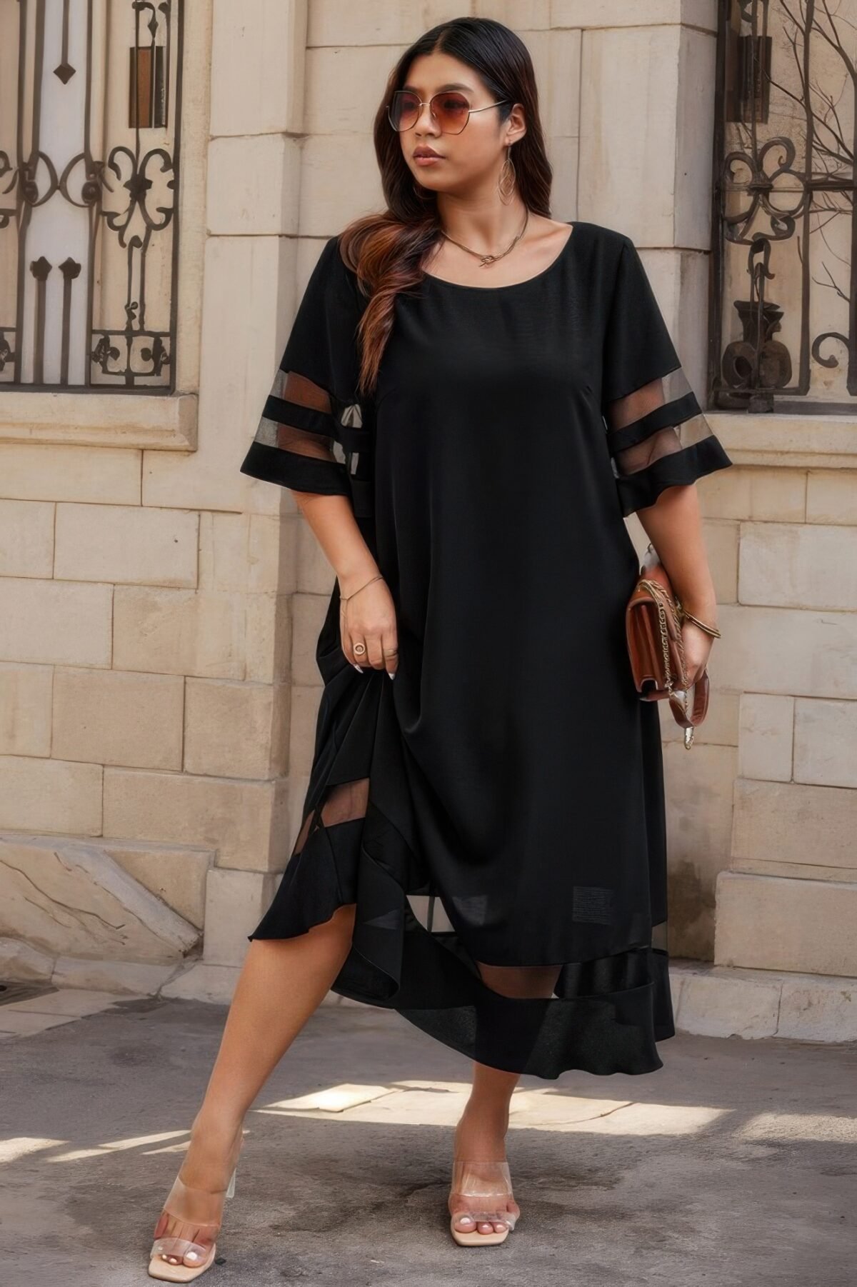 Plus Size Mesh Splicing Round Neck Long Dress - Image 5